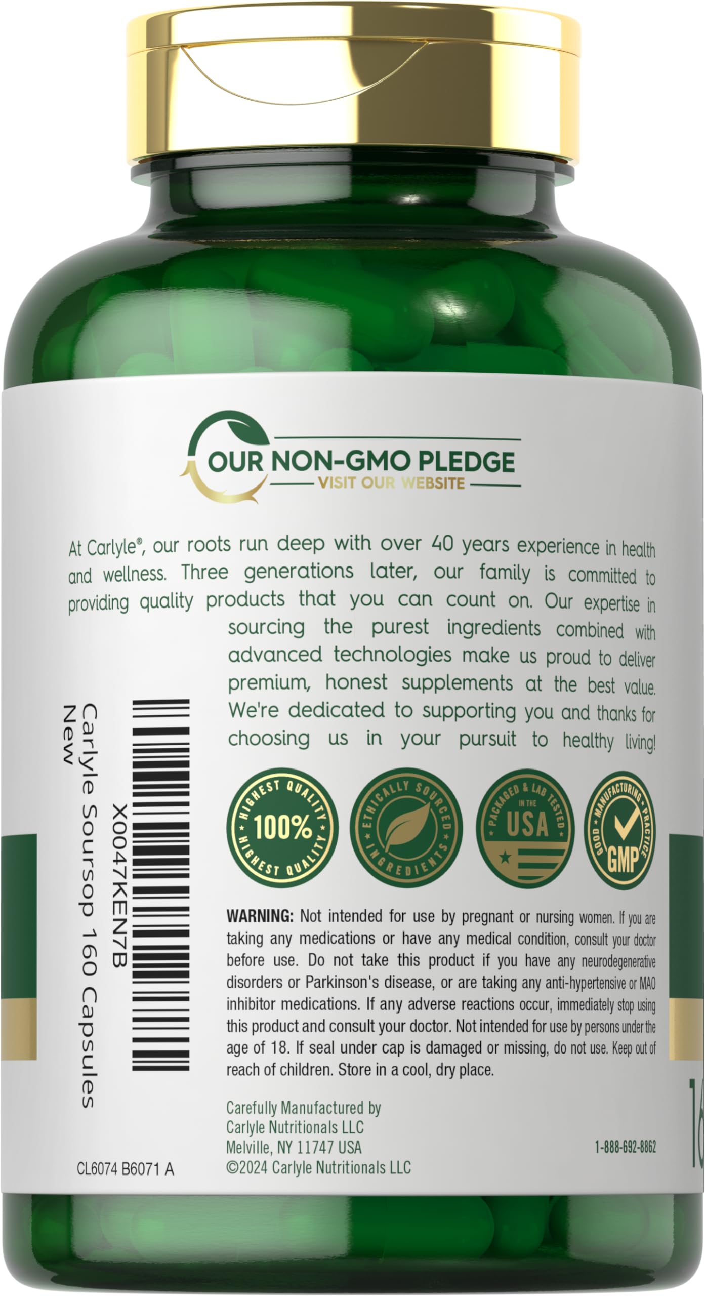 Étiquette Carlyle sans OGM et sans gluten pour la transparence produit.