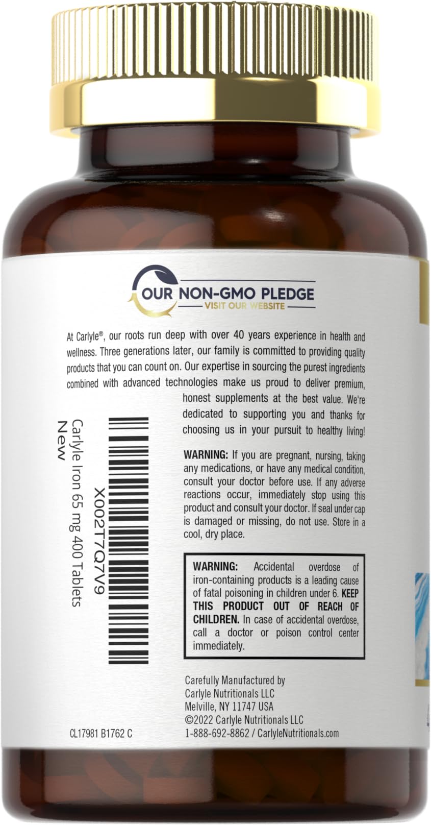 Carlyle Fer : etiquette sans gluten et sans OGM, preuve de pureté.