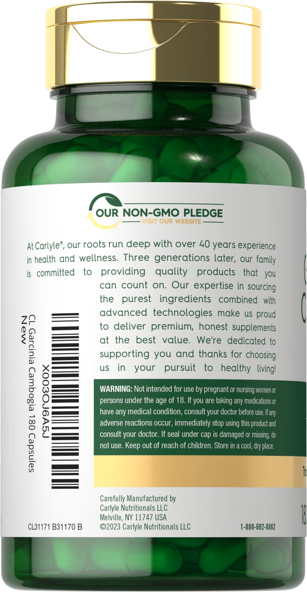 Étiquette claire Carlyle Garcinia Cambogia, sans gluten et sans OGM.