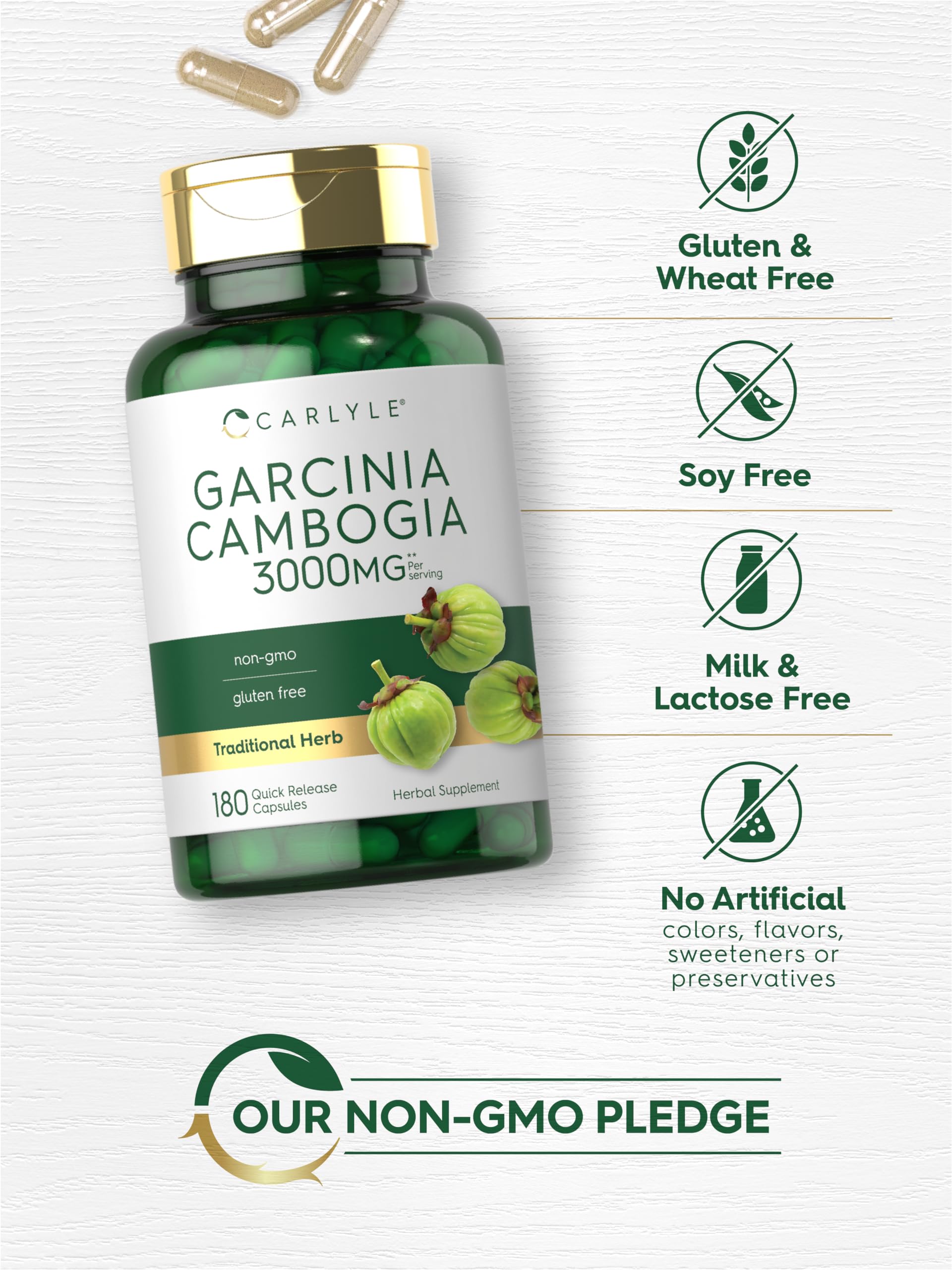 Ingrédients clairs et naturels affichés sur l’étiquette Carlyle Garcinia Cambogia.
