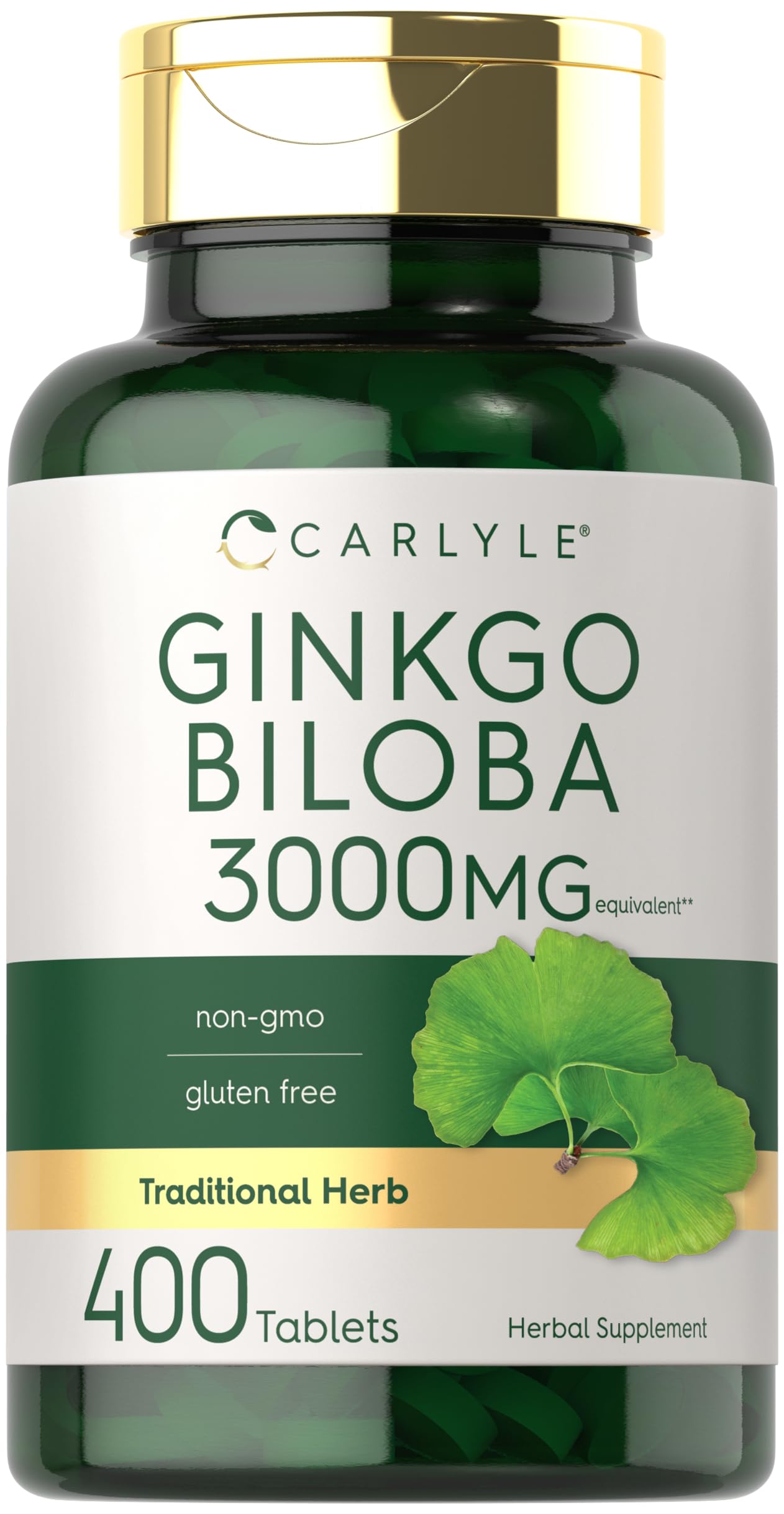 Carlyle Ginkgo Biloba comprimés, bouteille: soutien potentiel au bien-être végétarien et sans gluten.
