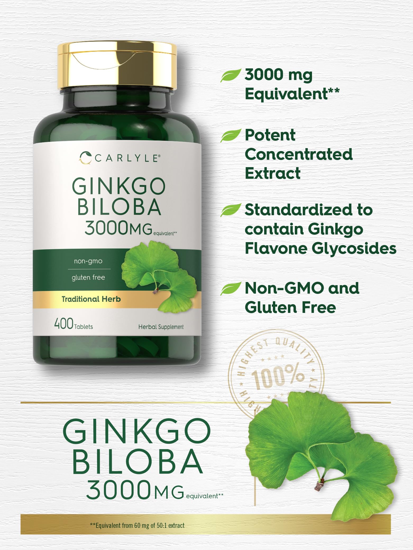 Emballage Carlyle Ginkgo Biloba: présentation claire et attrayante, sans gluten.