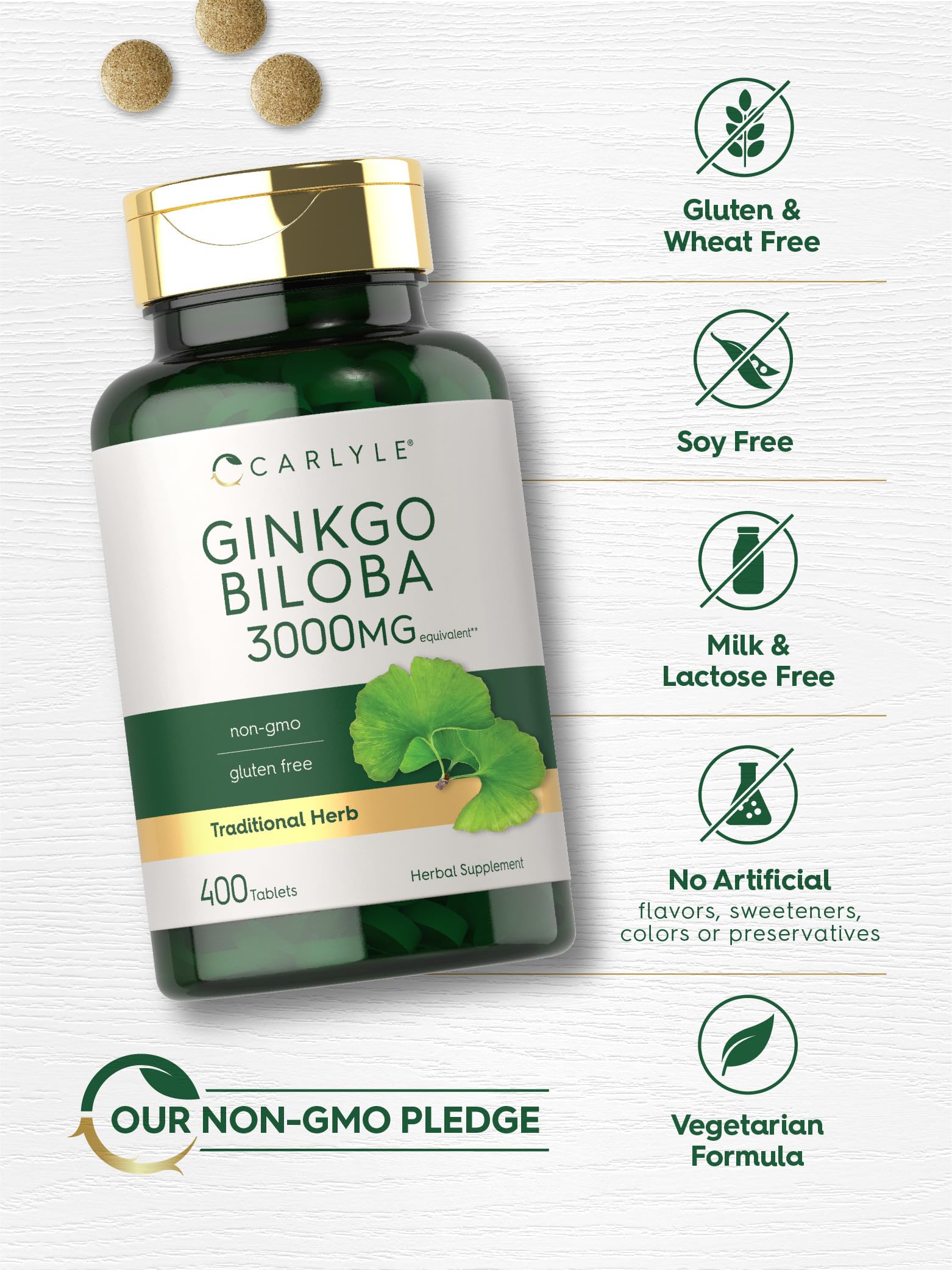 Ingrédients Carlyle Ginkgo Biloba: formule végétarienne sans gluten et sans allergènes.