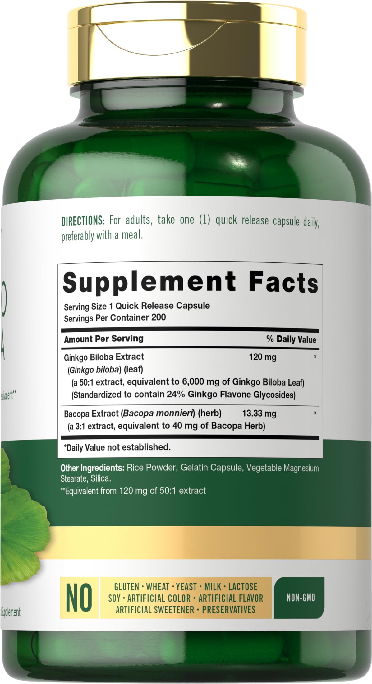 Carlyle Ginkgo Biloba, capsules près de l’étiquette, usage quotidien pratique.