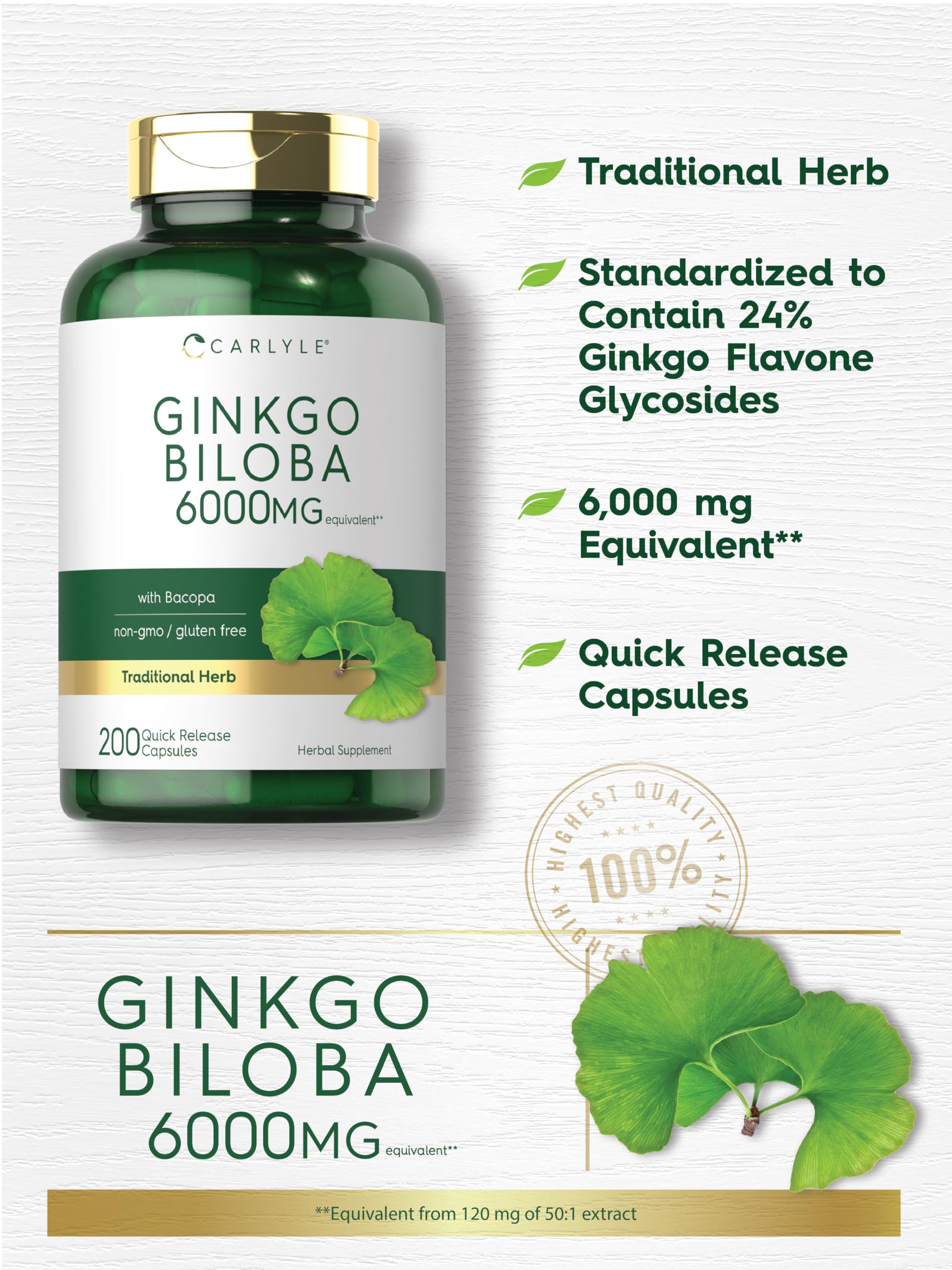 Ginkgo Biloba Carlyle, capsules alignées, idéale pour routine quotidienne.