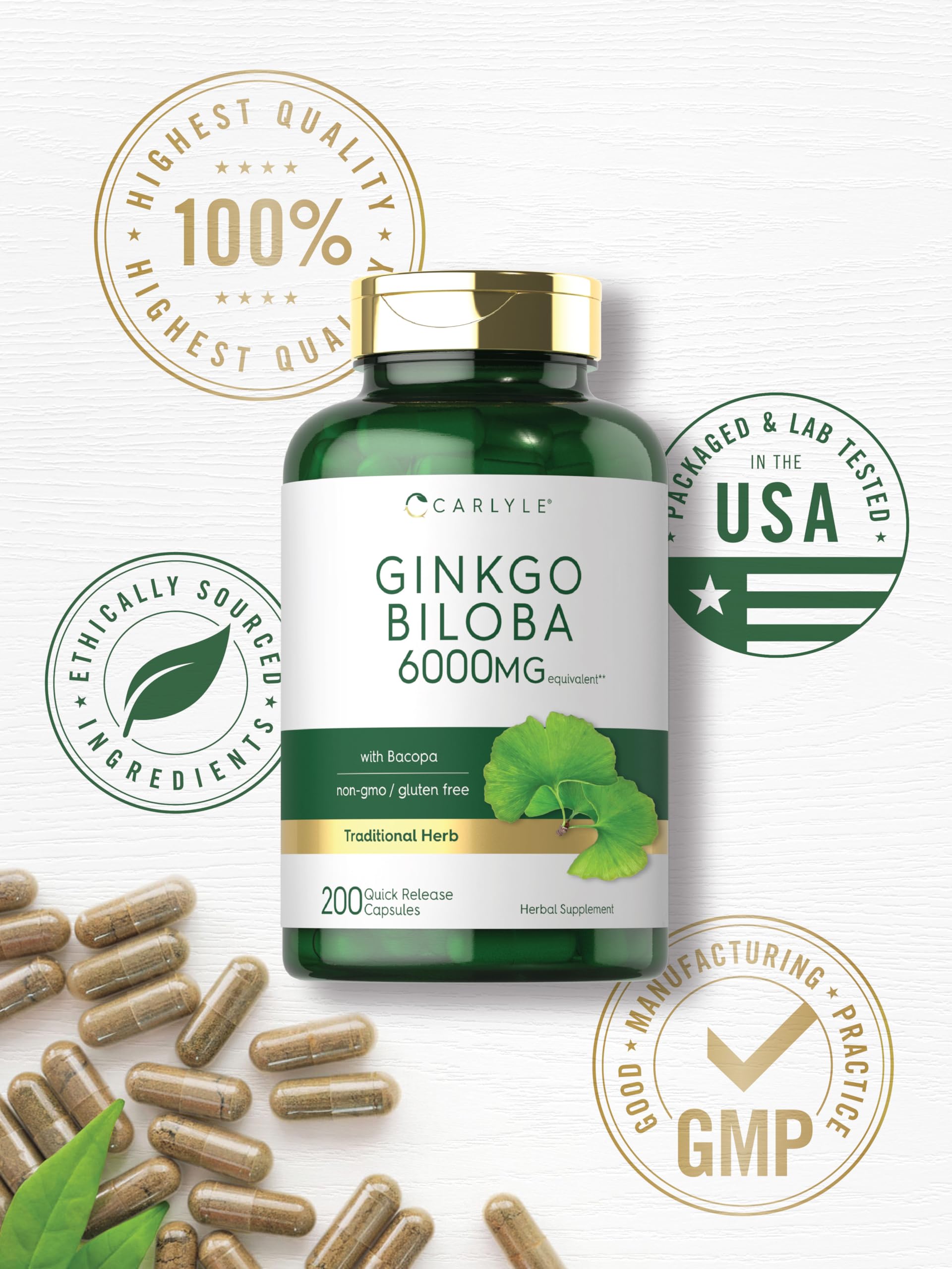 Étiquette Carlyle Ginkgo Biloba, détail clair sur sans gluten et sans OGM.