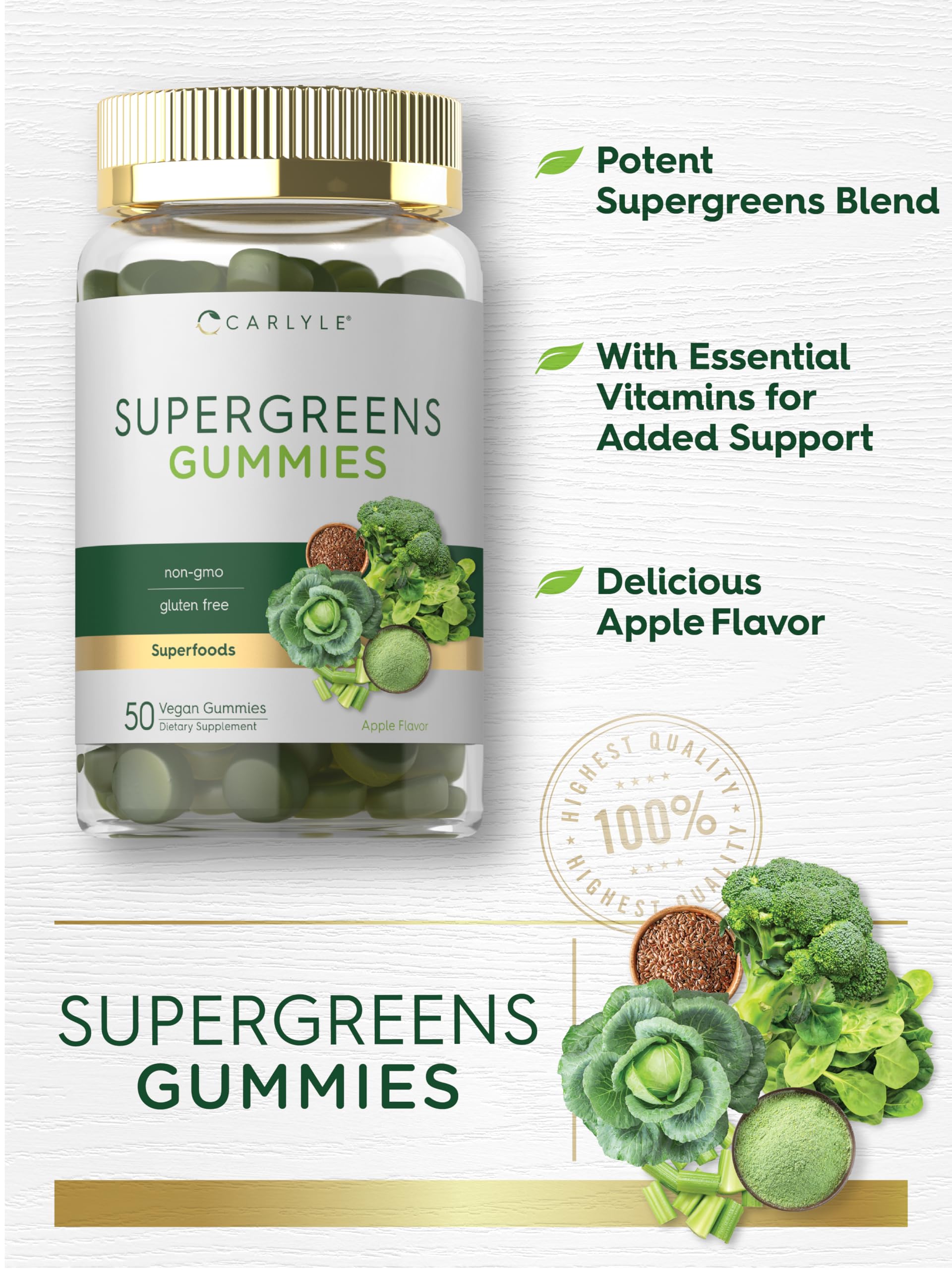 Gommes Carlyle Supergreens epinards, apport riche en nutriments essentiels.