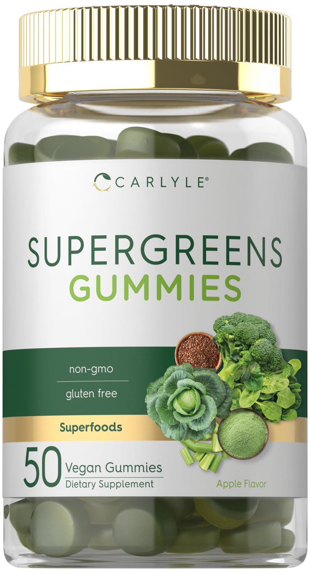 Gommes Carlyle Supergreens saveur pomme, apport pratique en nutriments essentiels.