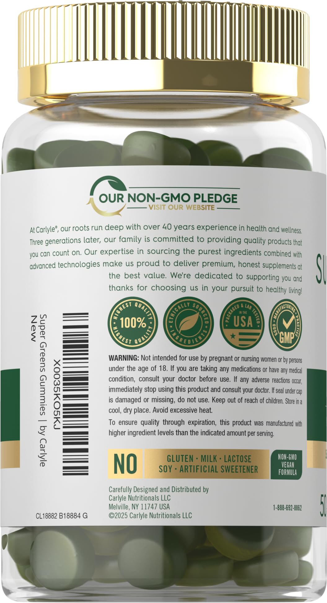 Gommes Carlyle Supergreens spiruline, mélange vegetal riche pour mode de vie actif.
