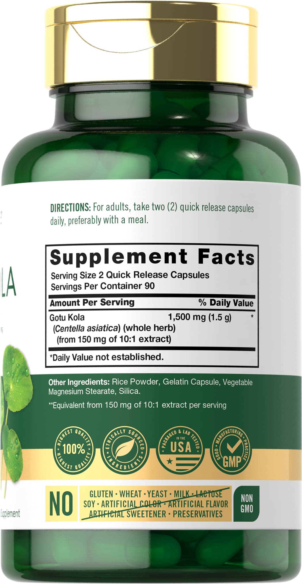 Étiquette Carlyle Gotu Kola affichant sans gluten et sans OGM.