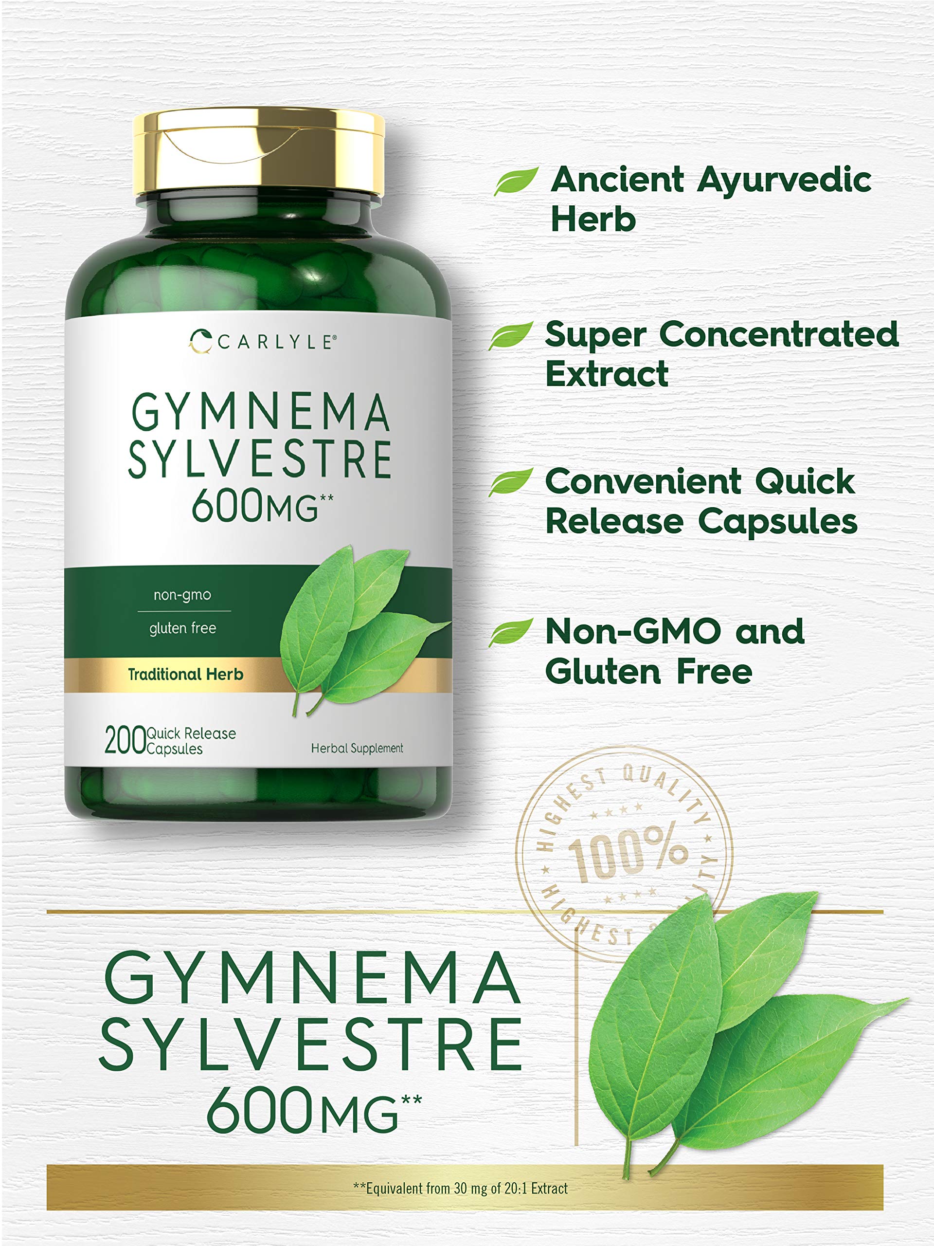 Badge Non-OGM et Sans Gluten sur l'emballage Carlyle Gymnema Sylvestre.