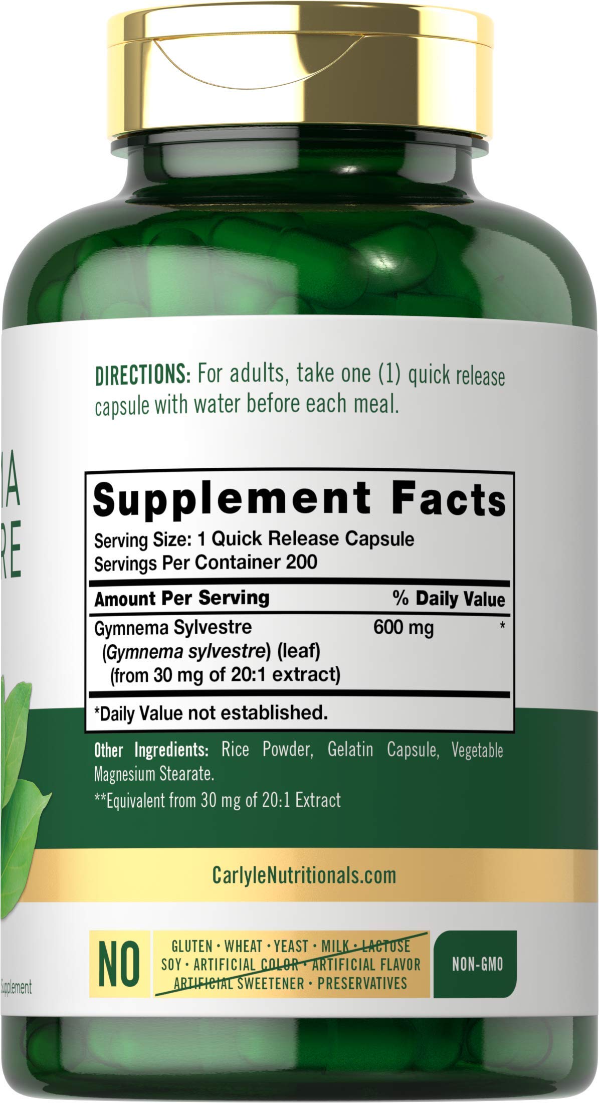 Étiquette Carlyle Gymnema Sylvestre indiquant sans OGM et sans gluten.