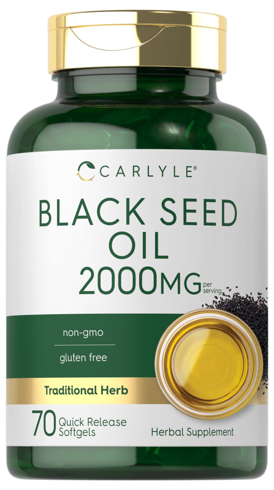 Carlyle huile noire en capsules dans la bouteille, format pratique au quotidien.
