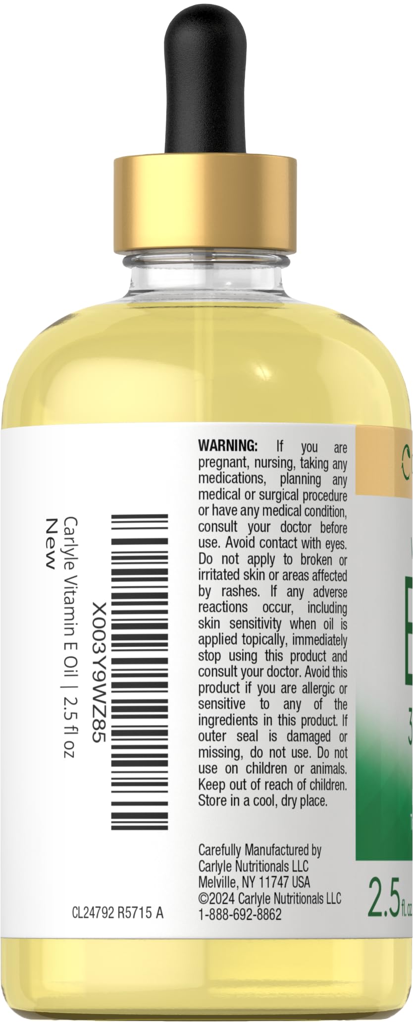 Étiquette Carlyle huile vitamine E, présentation premium et pureté.