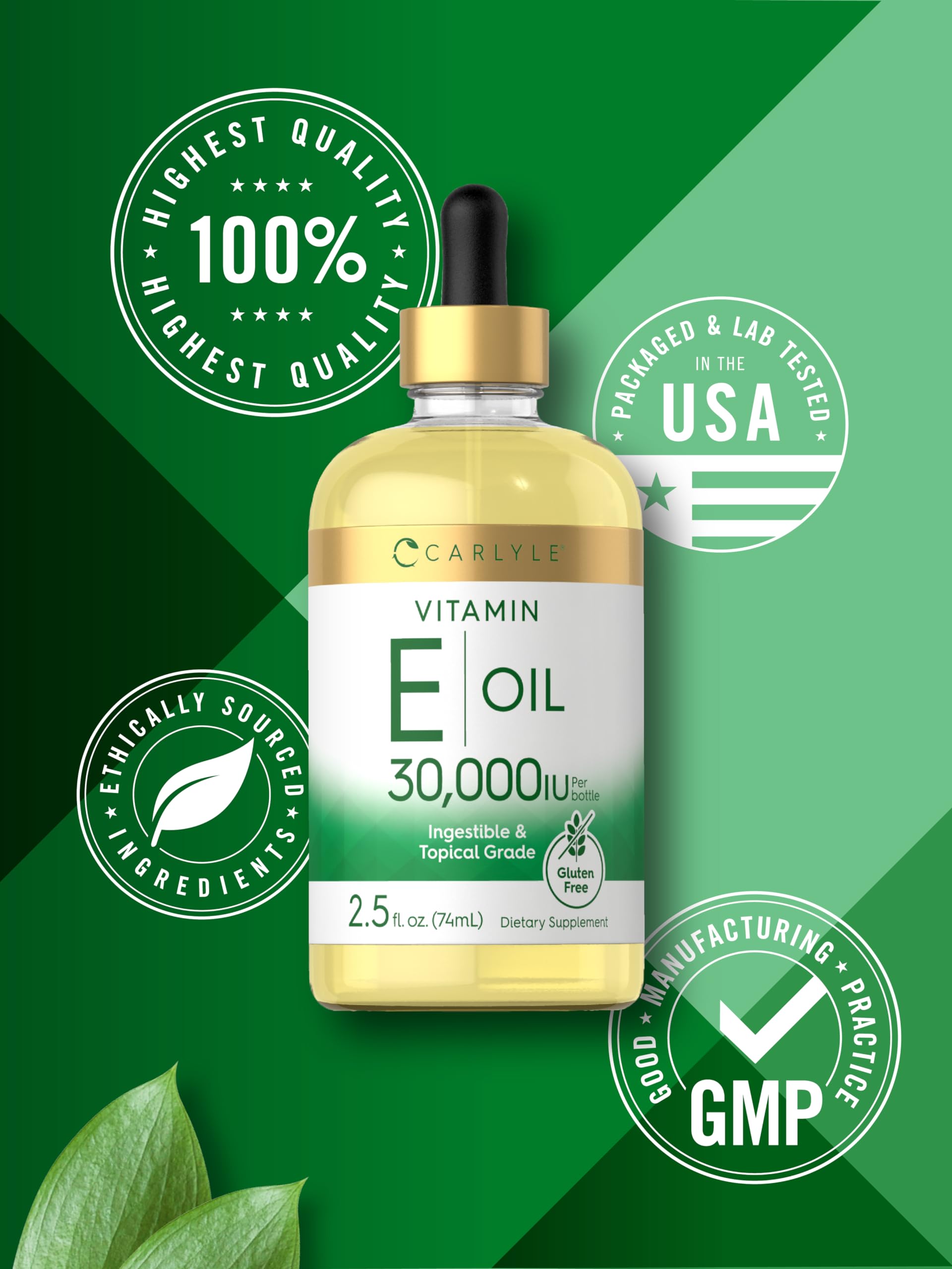 Symbole végétarien Carlyle huile vitamine E, produit sans allergènes.