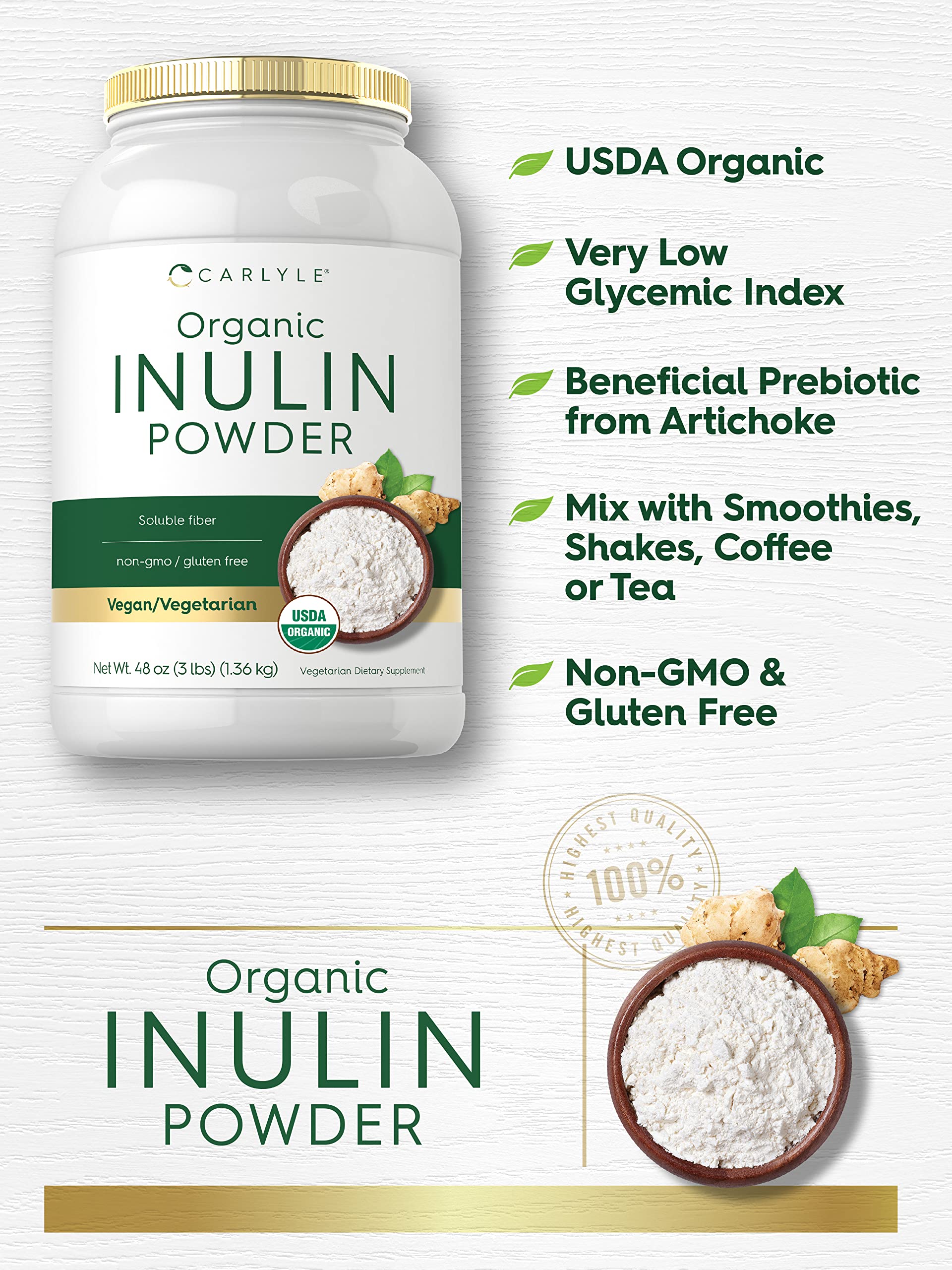 Carlyle Inuline Poudre Fibres Solubles 3g par portion, soutien diététique pratique.
