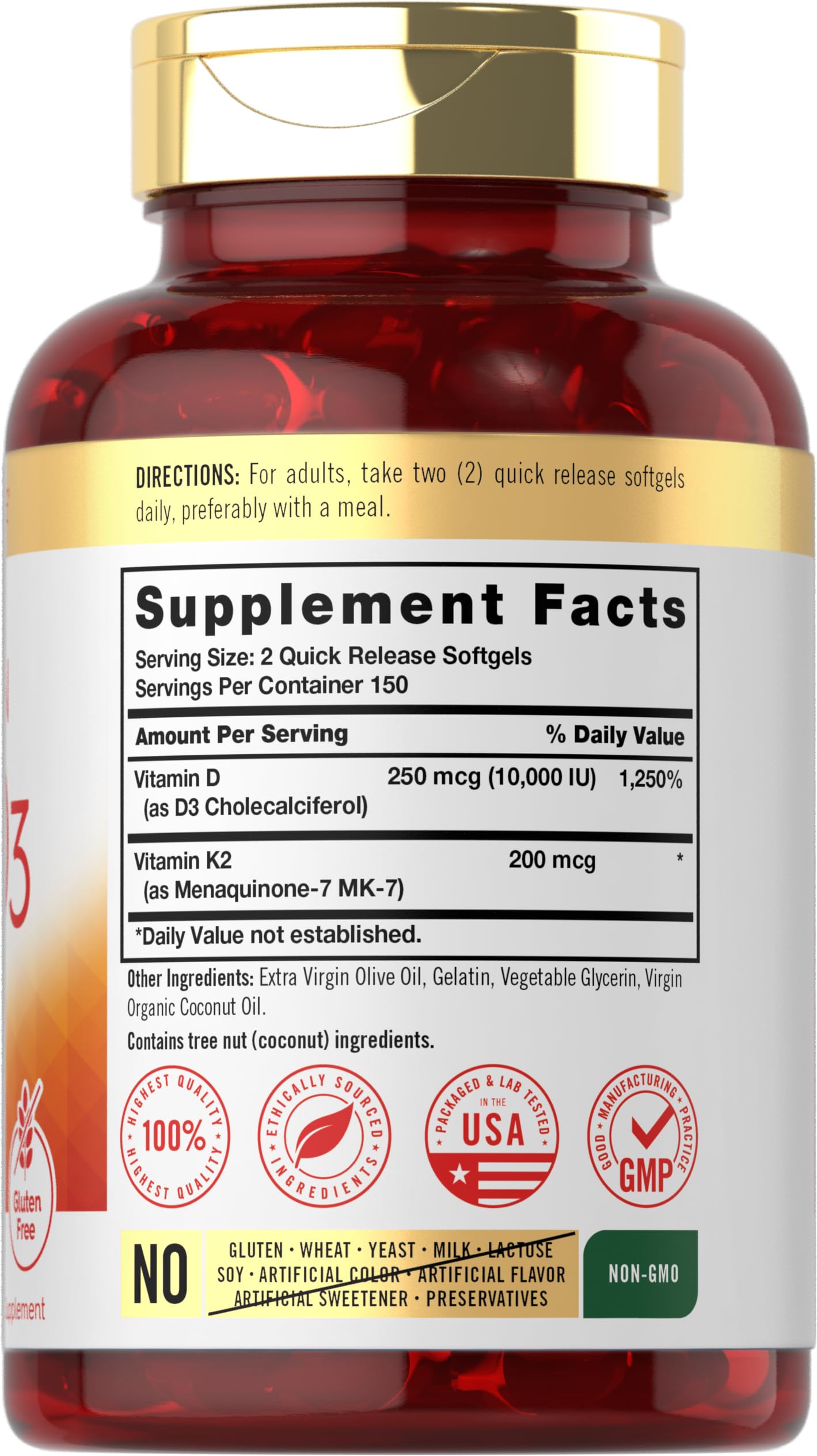 Étiquette claire Carlyle K2 D3 montrant le dosage K2 MK-7 et D3.