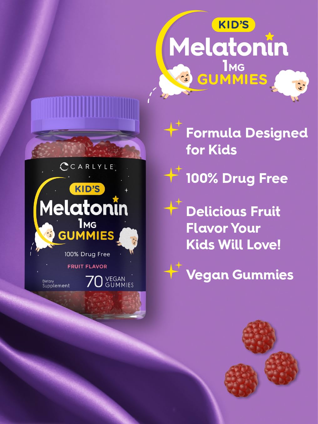 Gros plan sur Carlyle Kids Mélatonine, saveur fruits et texture gélifiée.