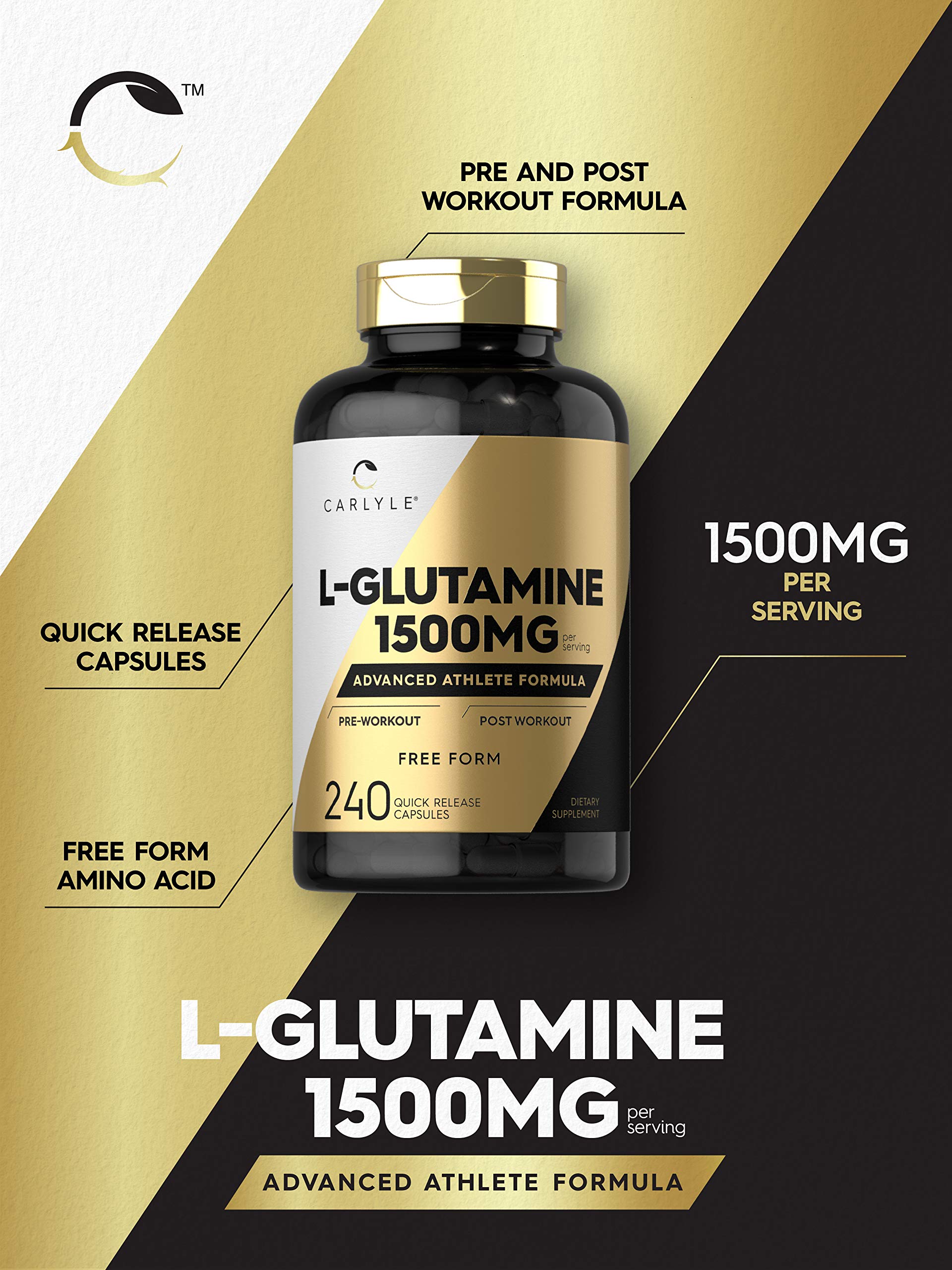 Carlyle L-Glutamine, capuchon fermé, produit fiable pour routine sportive