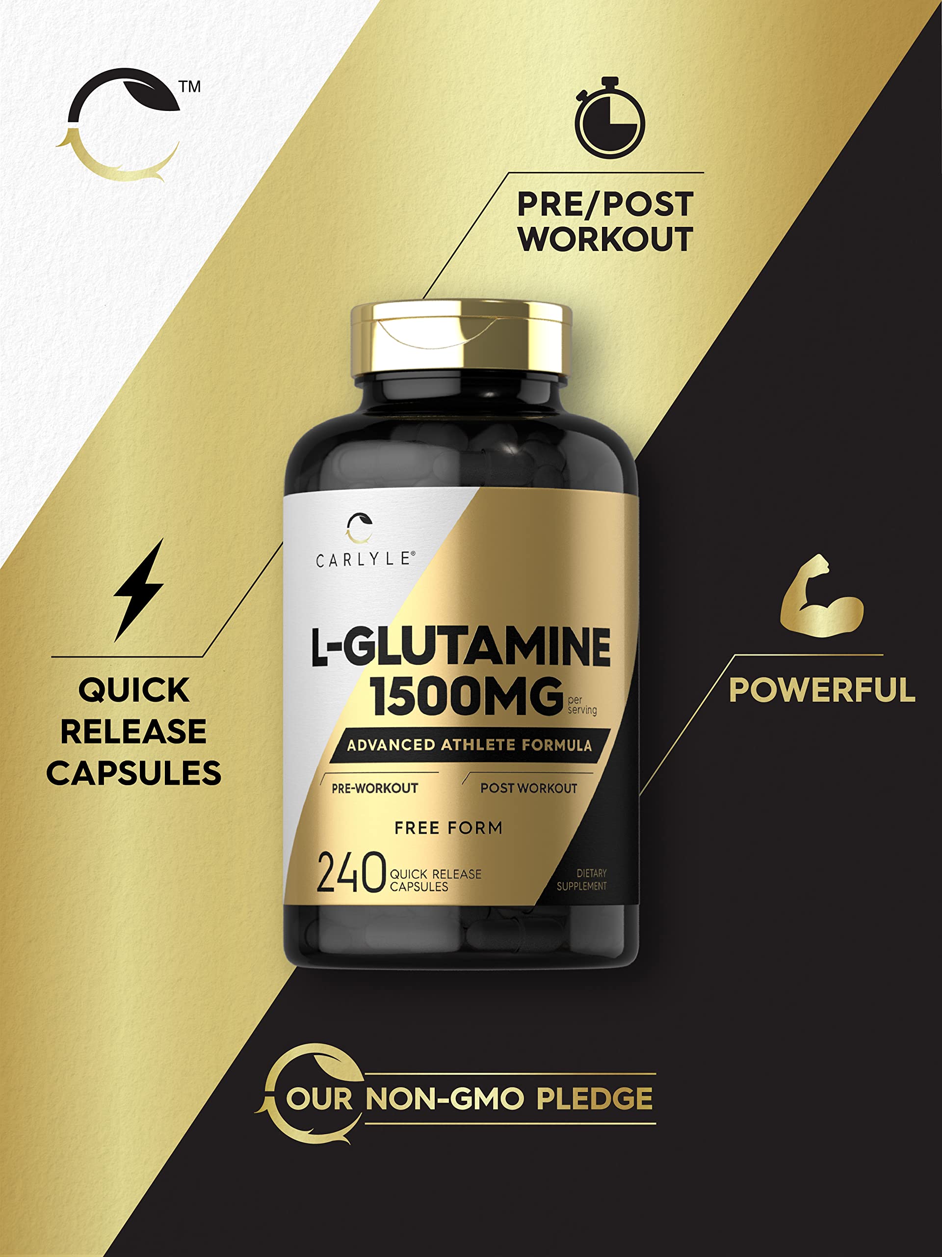 Carlyle L-Glutamine, gros plan sur capsule, apport nutritionnel potentiel