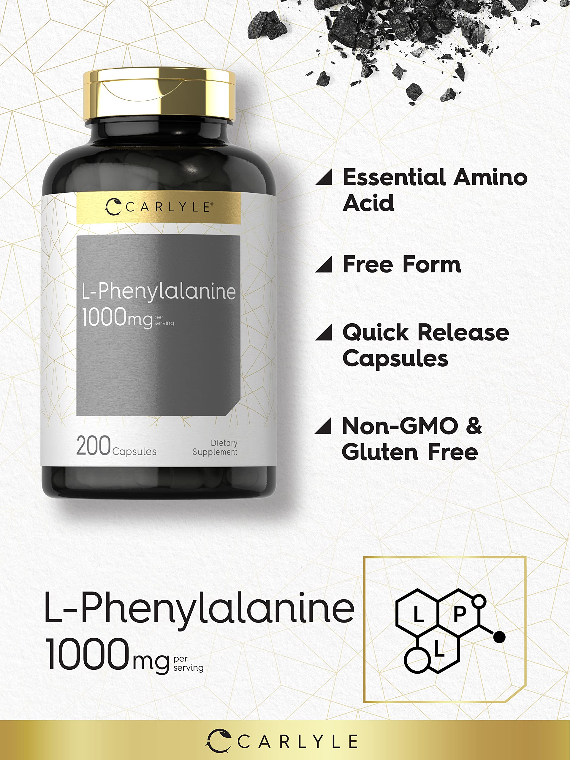 Étiquette Carlyle L-Phénylalanine affichant sans gluten et sans OGM.