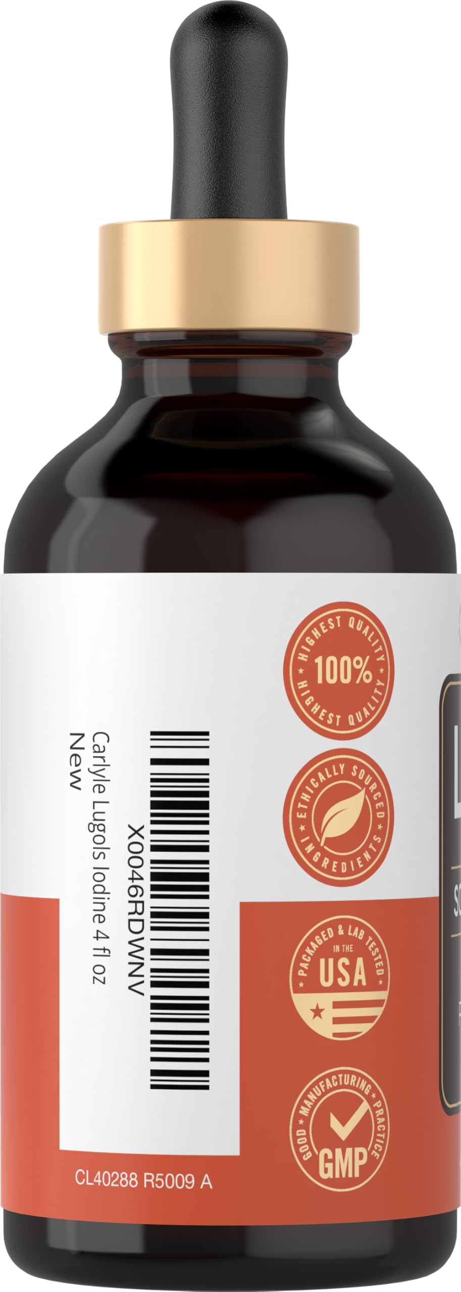 Étiquette Carlyle Lugols Iodine sur flacon clair et informatif.