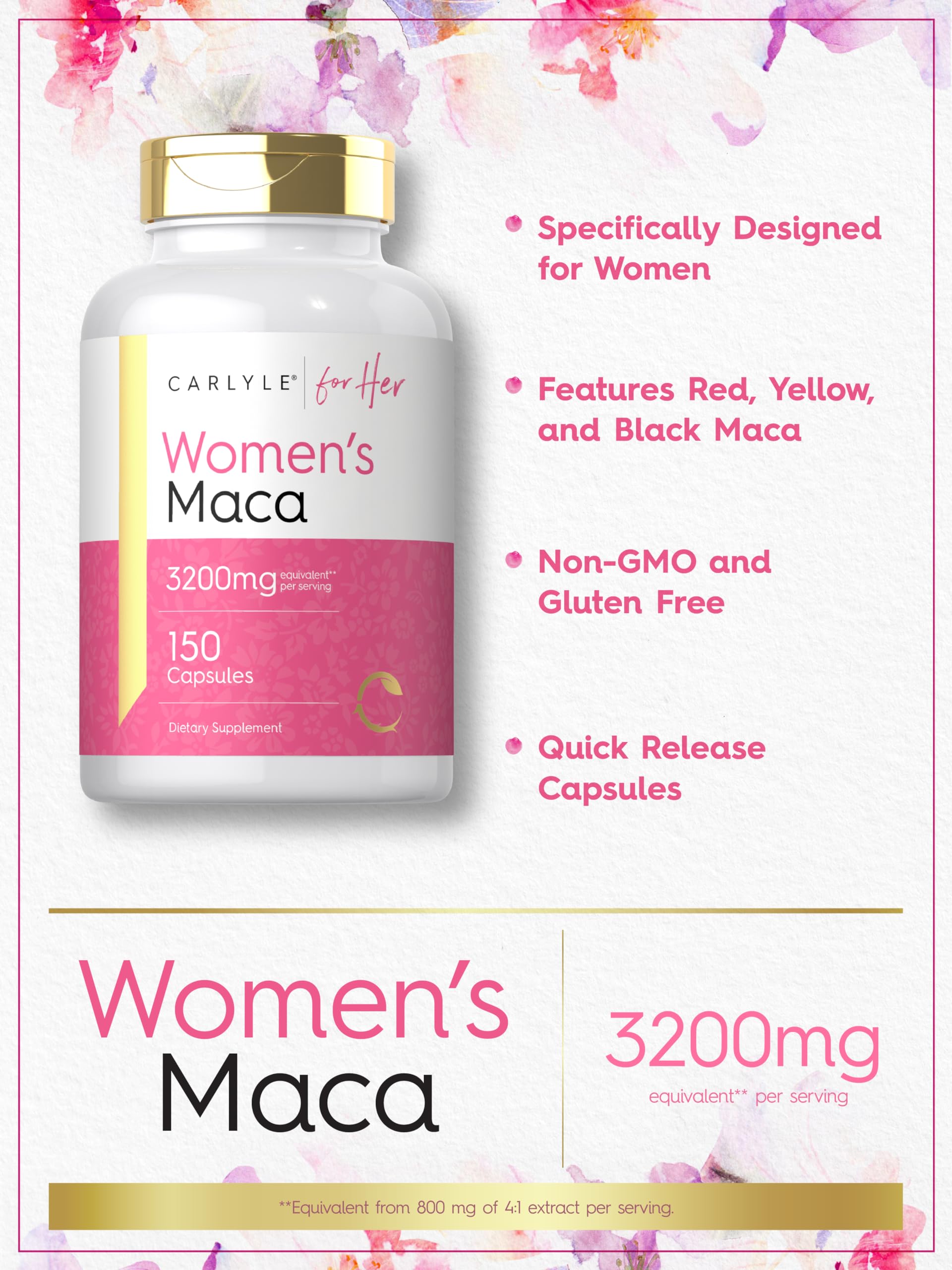 Étiquette Carlyle Maca pour femmes avec ingrédients et informations claires