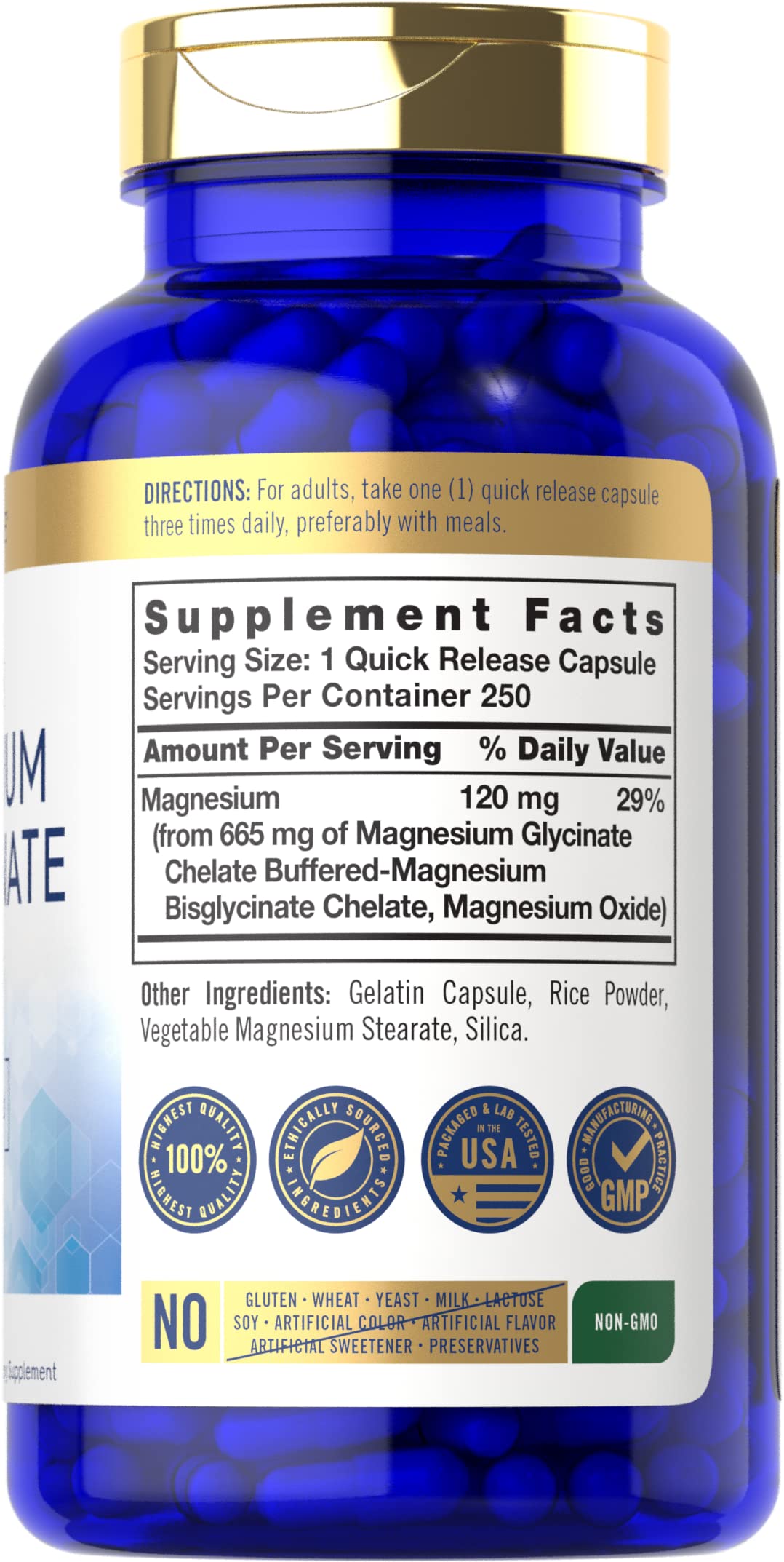 Carlyle Magnésium Bisglycinate – étiquette naturelle, produit sans OGM et sans allergènes courants.