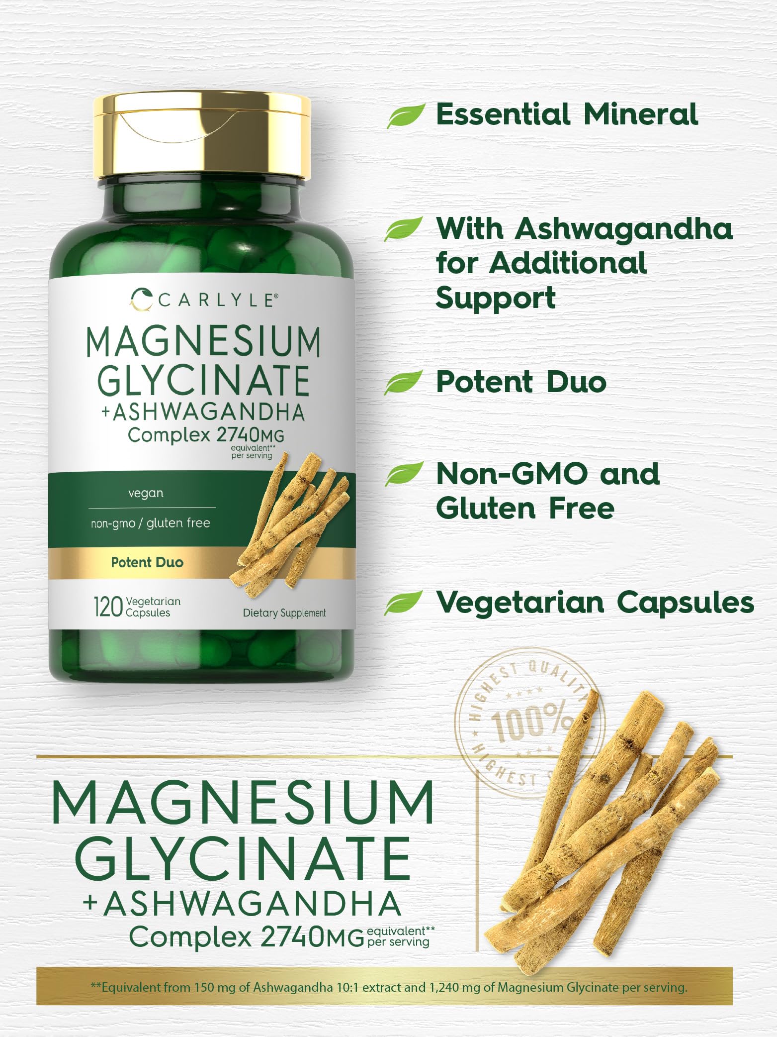 Tablettes Carlyle magnésium glycinate ashwagandha emballage sans gluten et sans lactose