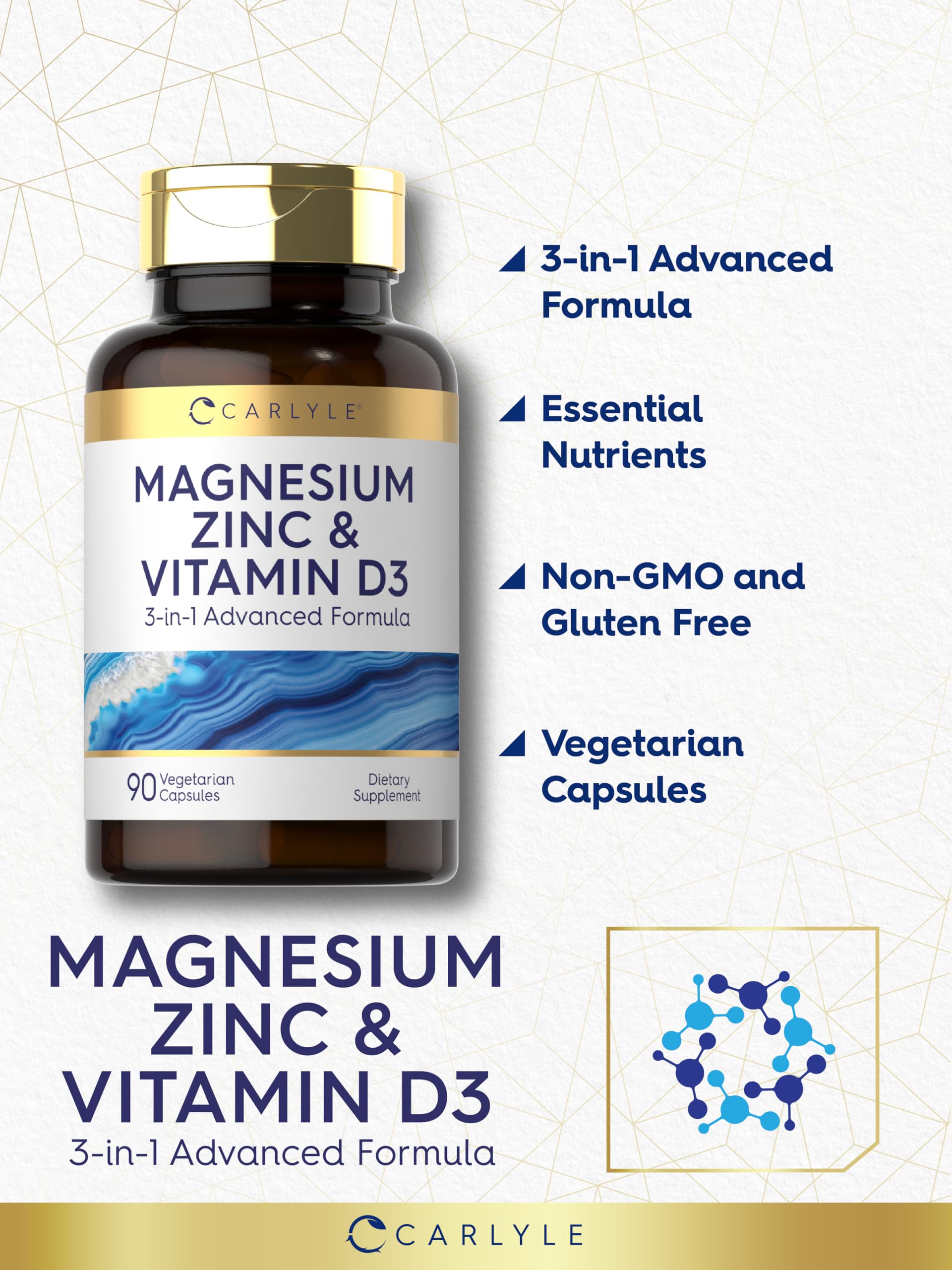 Emballage Carlyle Magnésium Zinc D3 – emballage clair et recyclable.