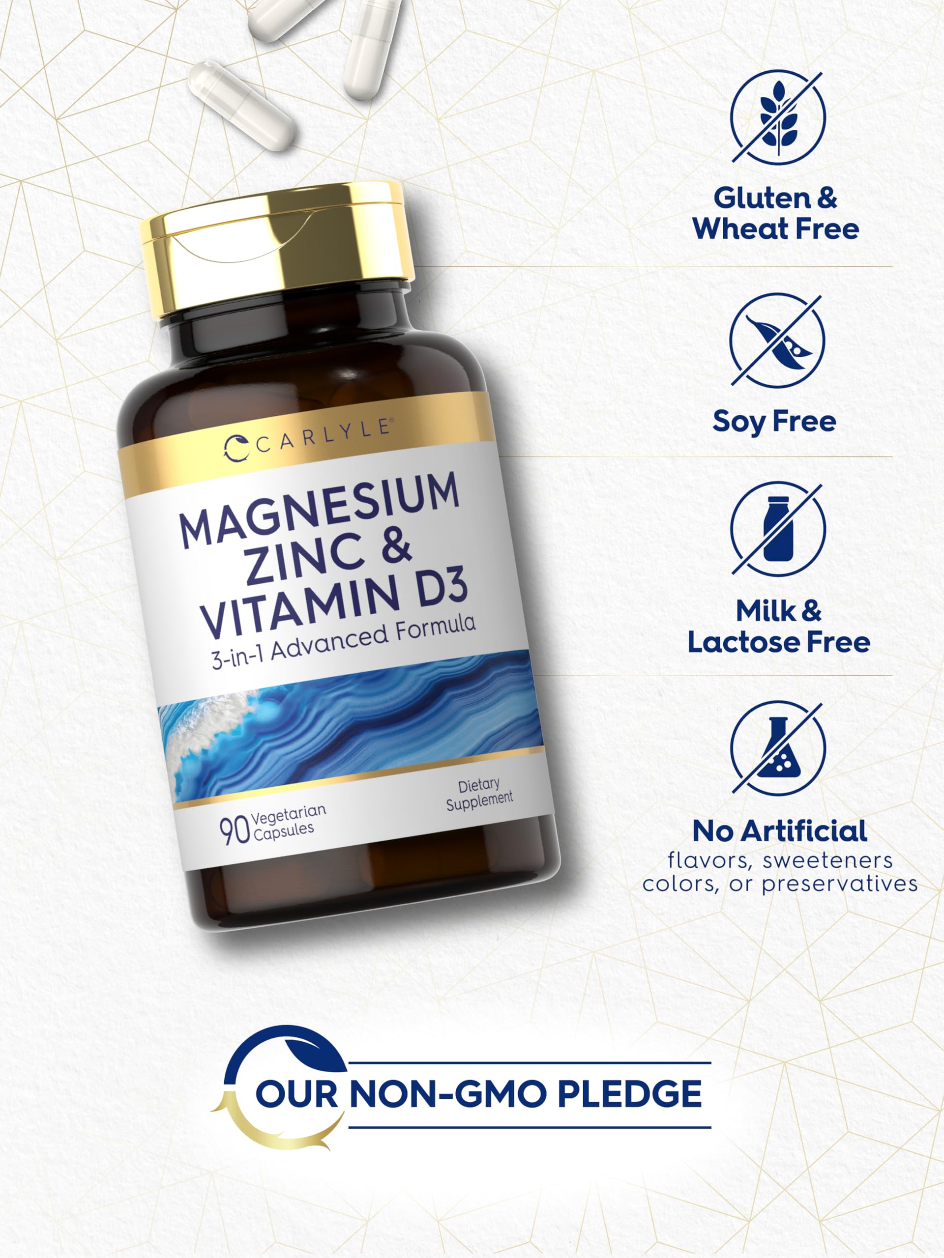 Tableau nutritionnel Carlyle Magnésium Zinc D3 – détails des minéraux essentiels.