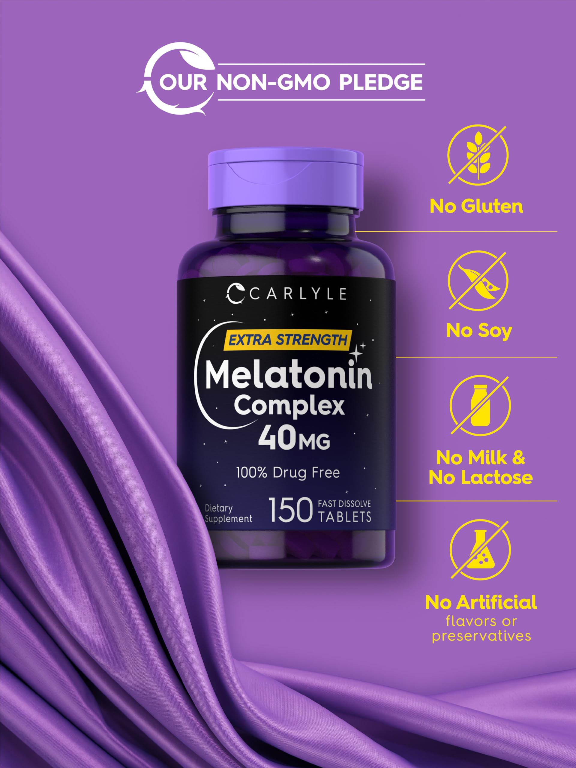 Carlyle Mélatonine 40 mg Complexe – emballage sans gluten et sans OGM pour régimes spécifiques.