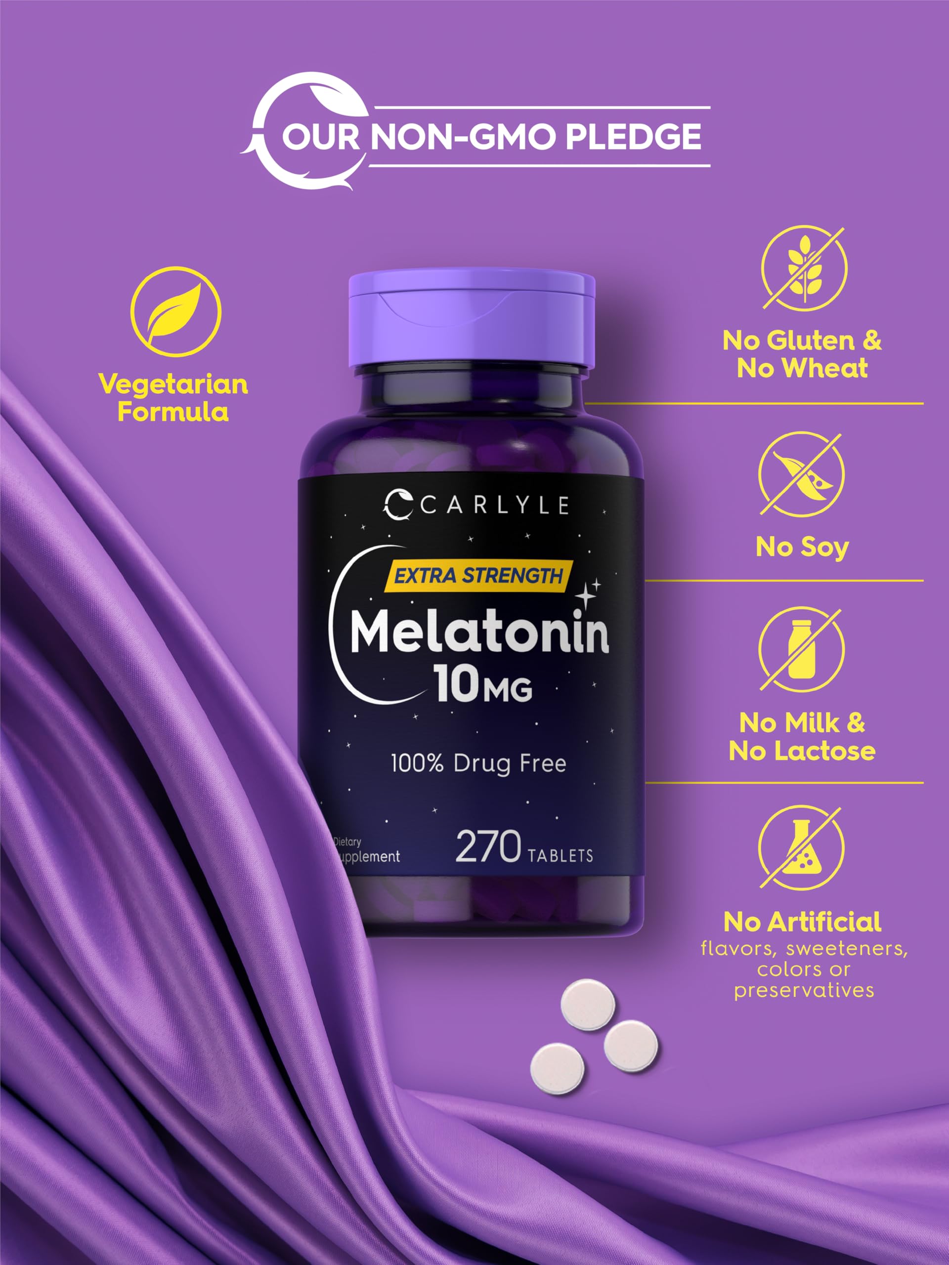 Étiquette et tests en laboratoire visibles sur le produit Carlyle Mélatonine.