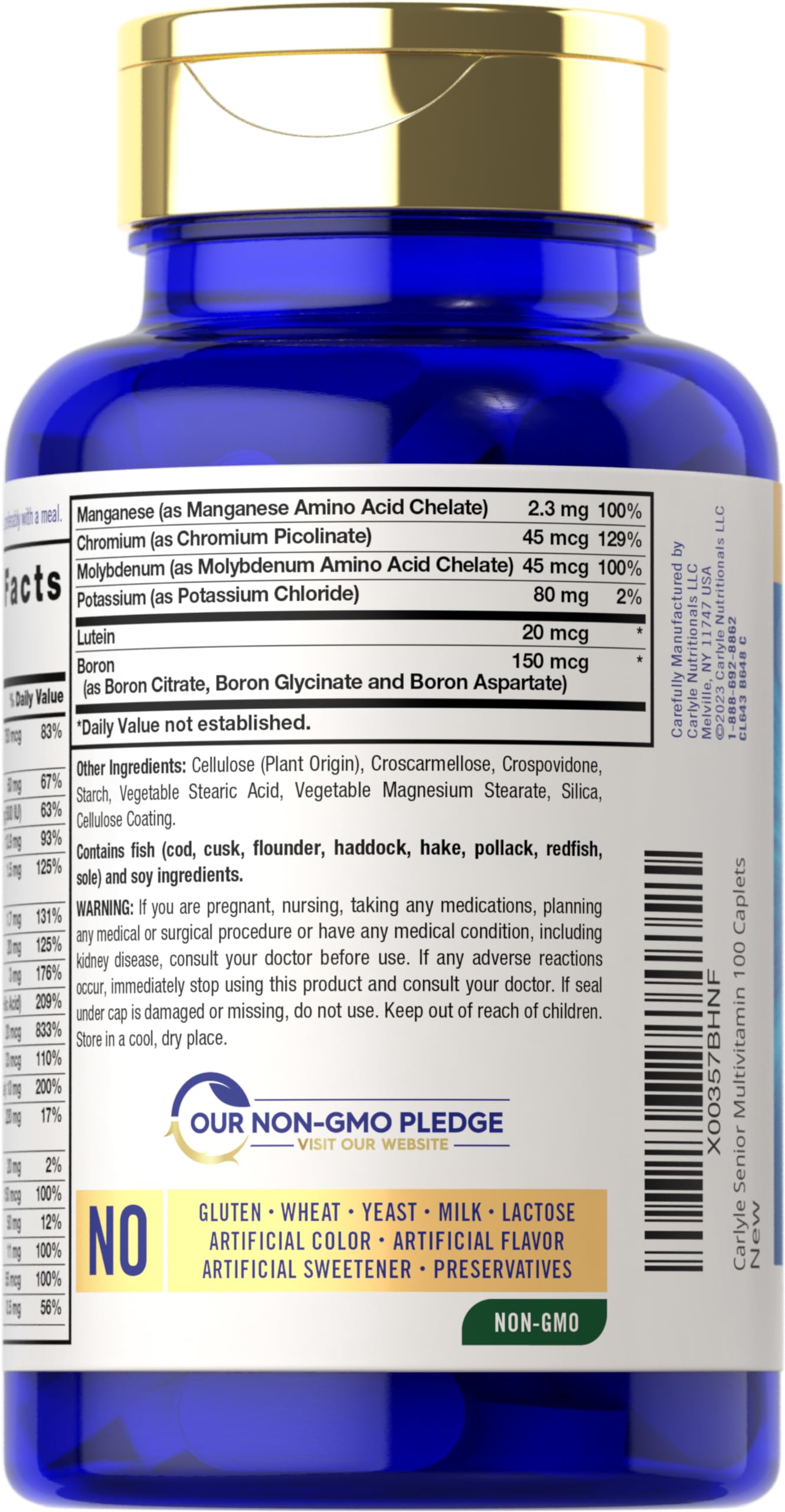 Carlyle Multivitamine 60+ étiquette: informations claires sur les nutriments.