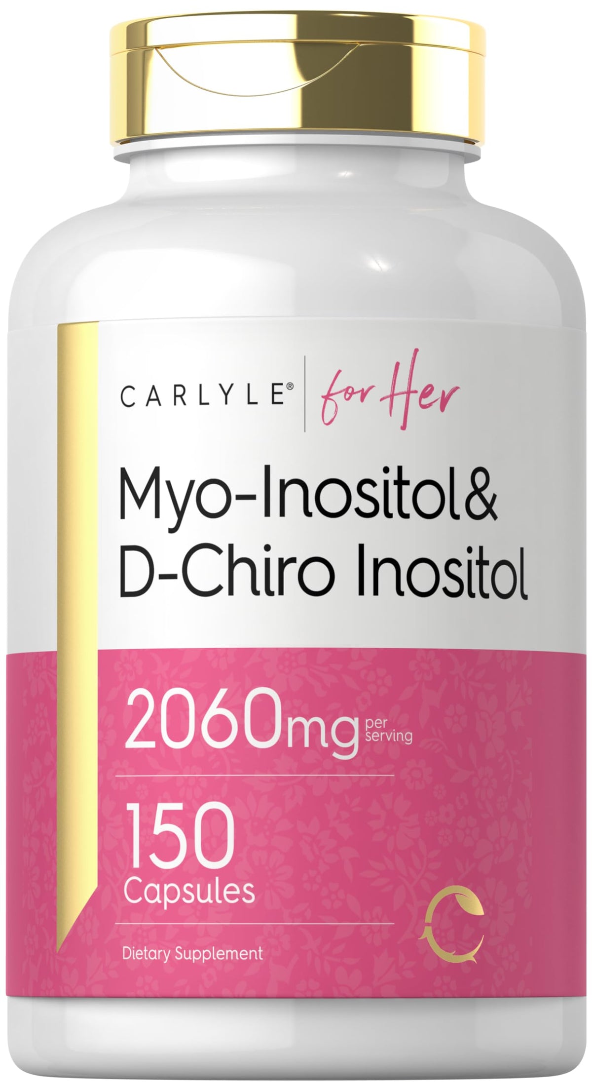 Carlyle Myo-Inositol et D-Chiro Inositol, bouteille montrant l'étiquette, soutien potentiel quotidien.