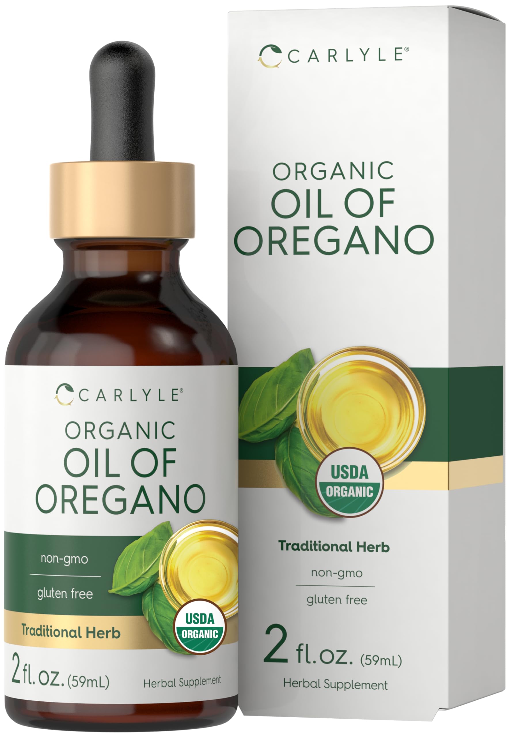 Huile d'origan Carlyle en bouteille avec gouttes pour usage quotidien.