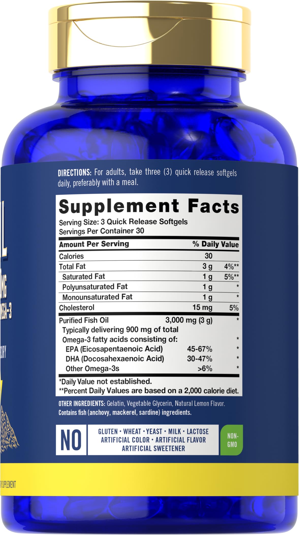 Gélules oméga-3 Carlyle, 900mg DHA/EPA, parfum citron, utile pour le bien-être général.
