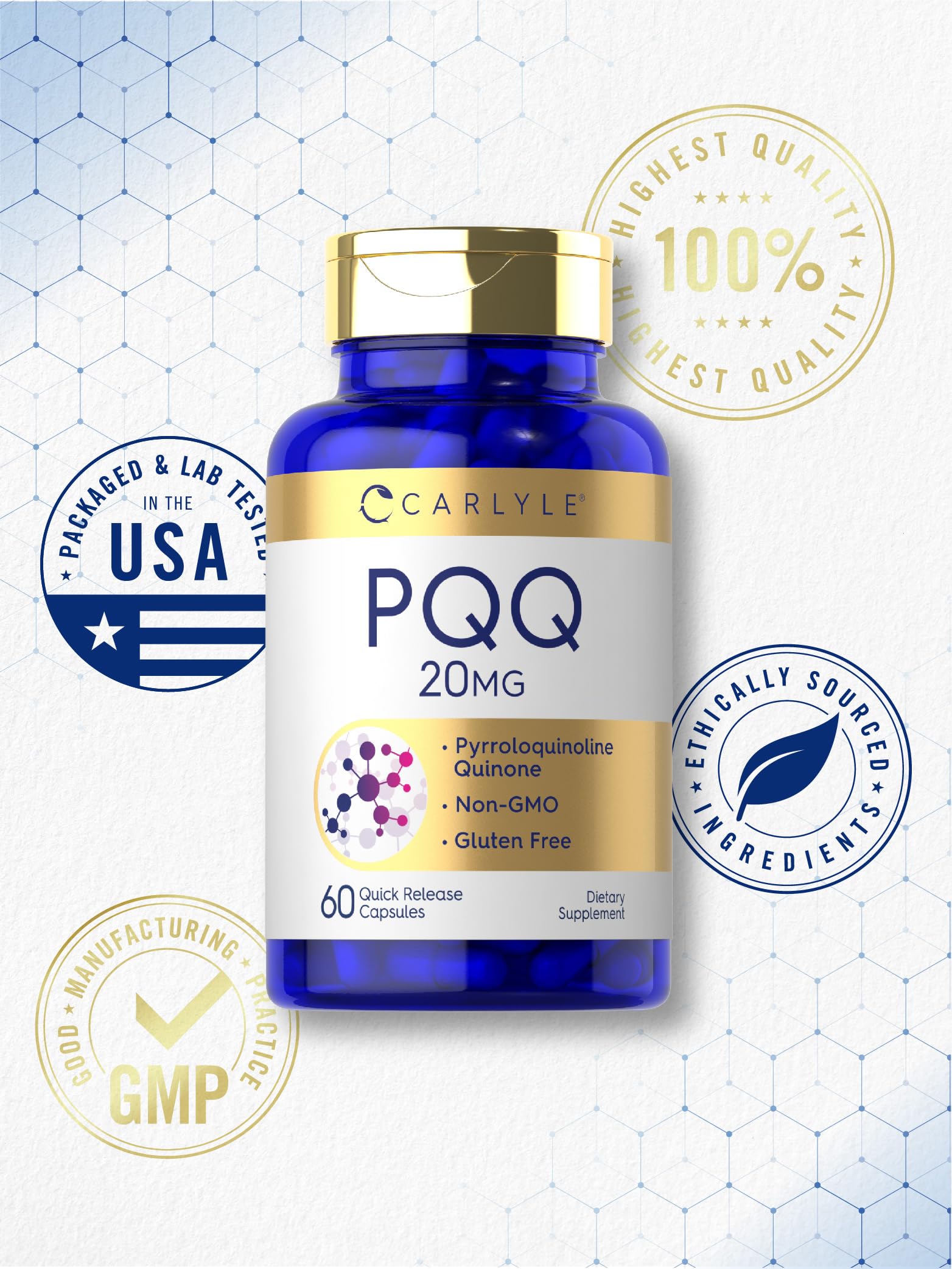 Ingrédients Carlyle PQQ clairement listés, sans allergènes connus.
