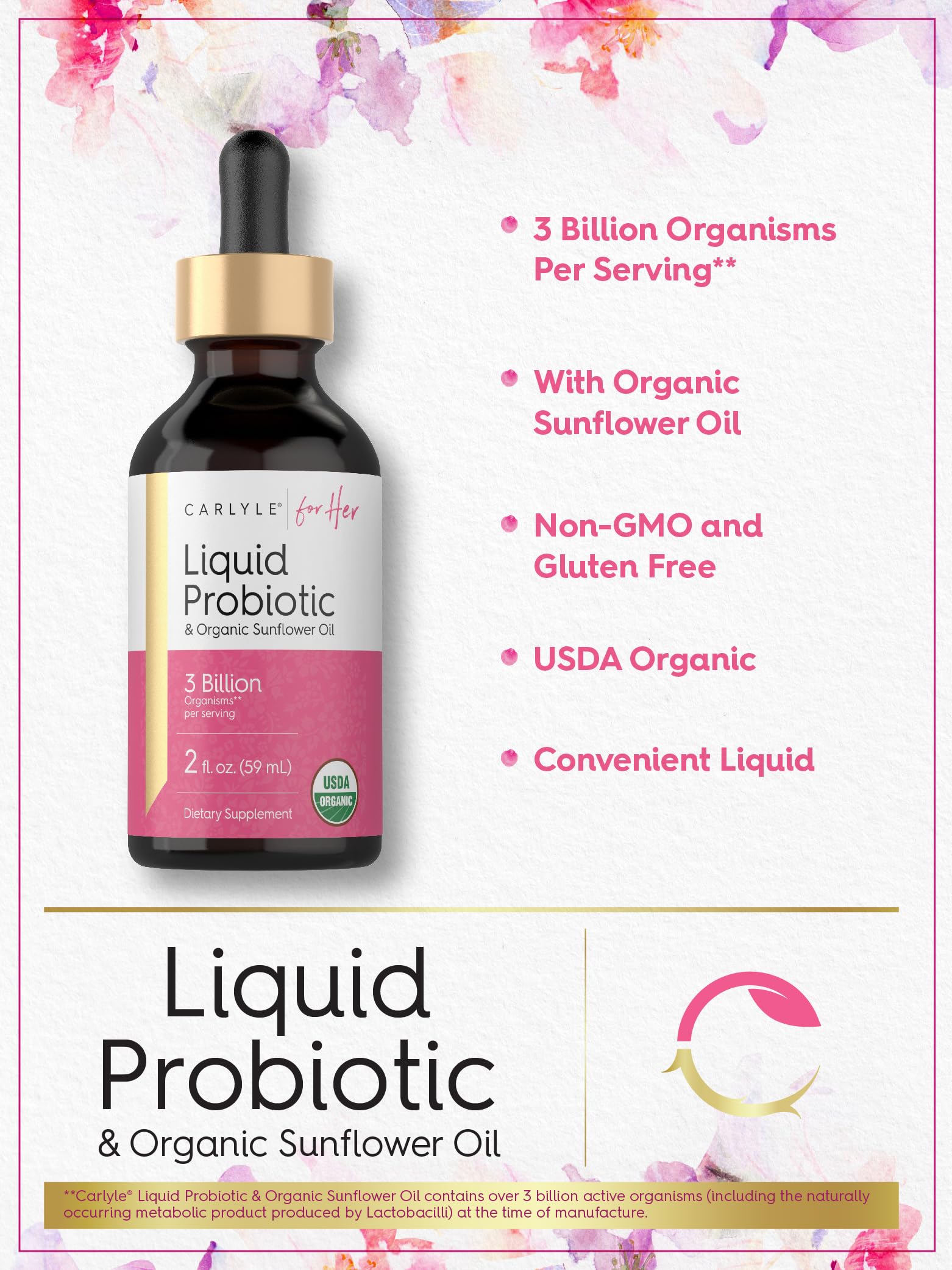 Carlyle Probiotique Liquide pour Femmes, étiquette claire et transparente.
