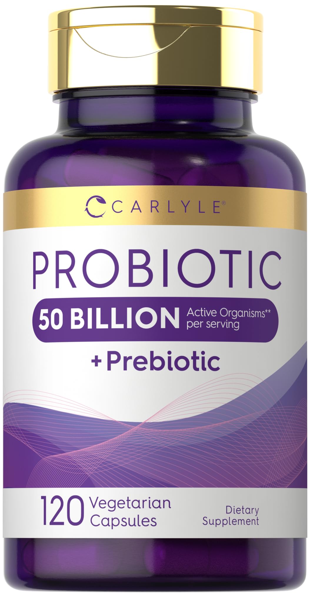 Carlyle Probiotiques, bouteille de 120 capsules, soutien digestif quotidien potentiel.