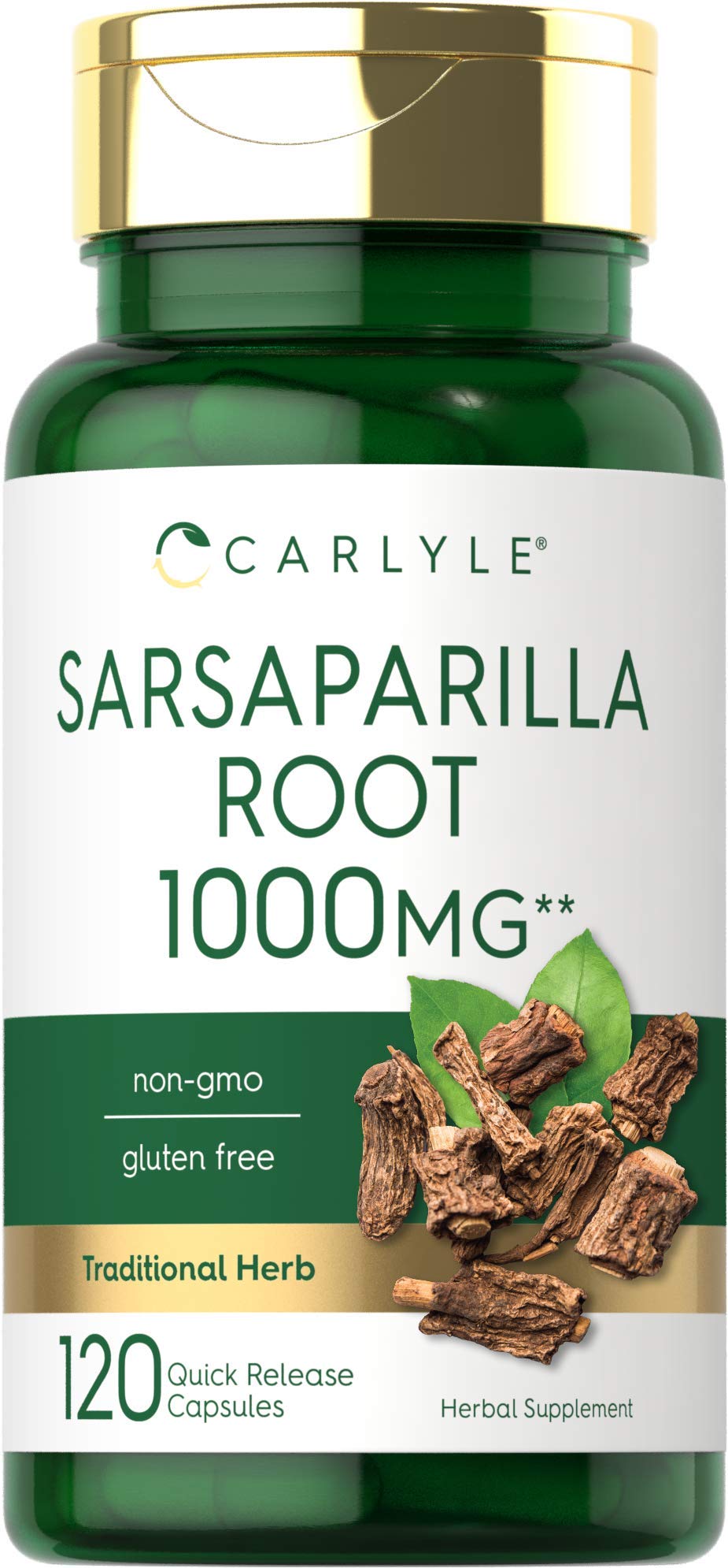 Carlyle sarsaparilla racine capsules bouteille montre le format pratique et sans gluten