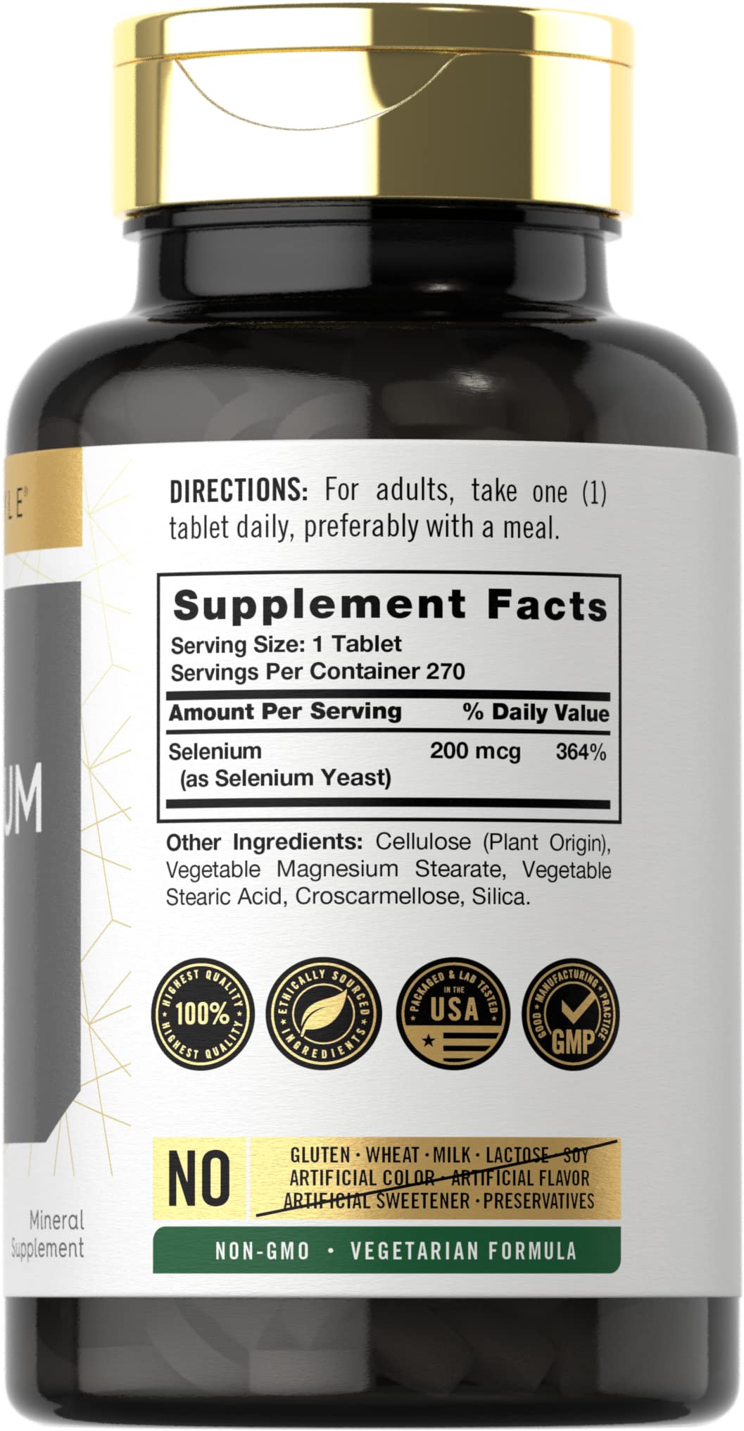 Étiquette Carlyle Sélénium 200 mcg avec dosage et informations qualité.