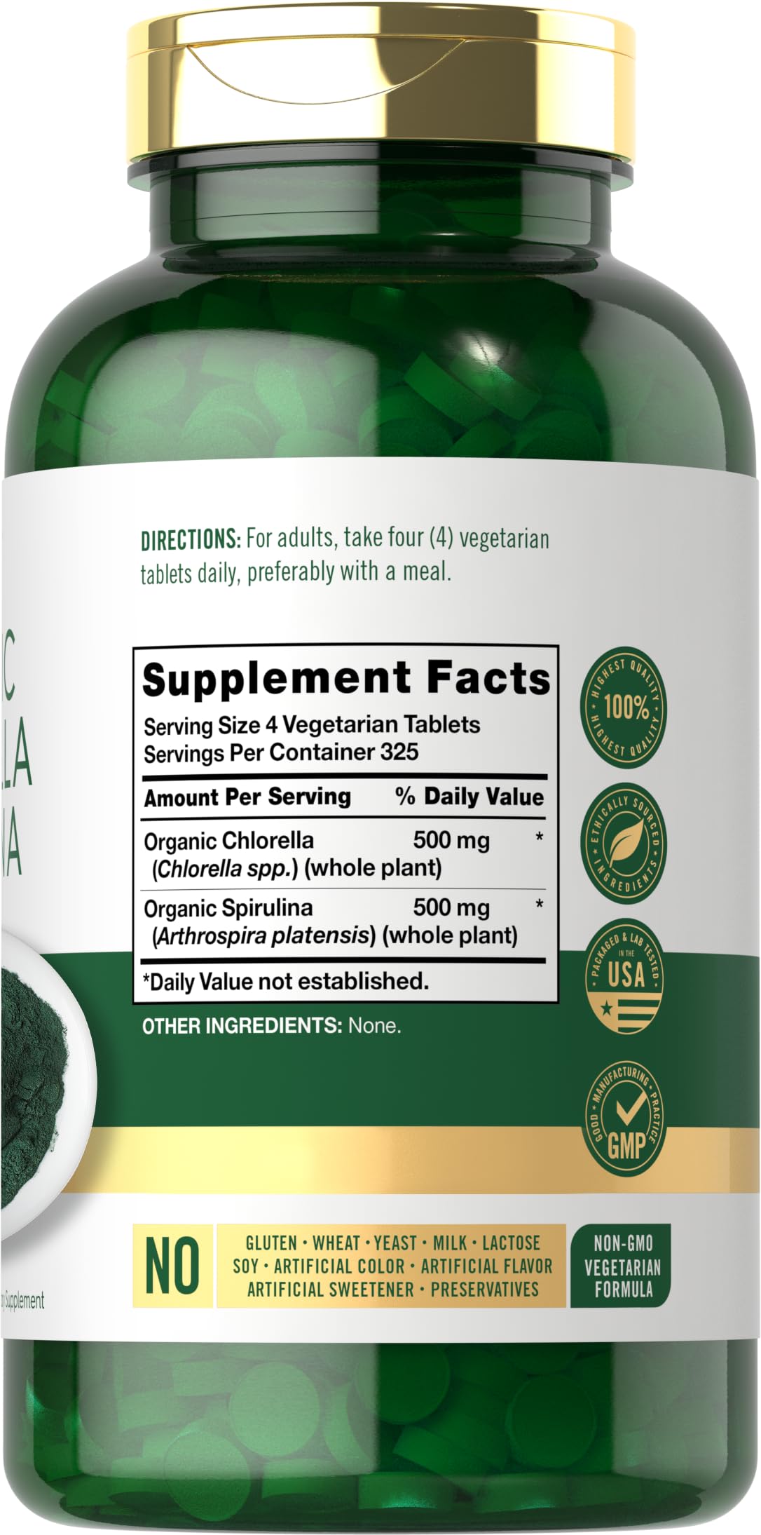 Carlyle: tablettes chlorella-spiruline 50-50, mélange équilibré pour l'énergie.