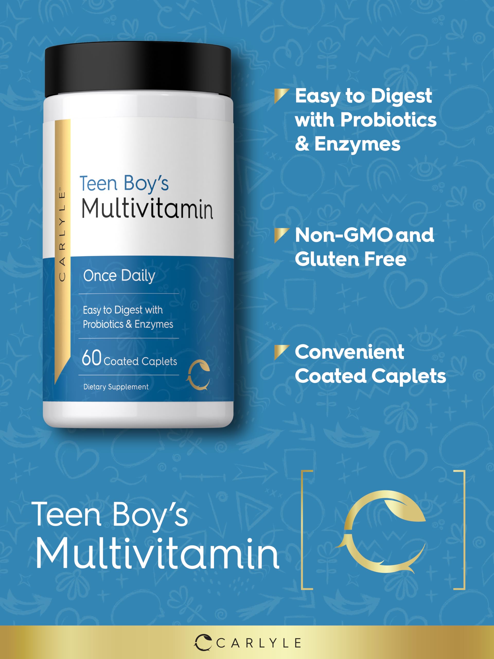 Carlyle Teen Multivitamin étiquette sans OGM et sans gluten, choix sûr pour les adolescents.