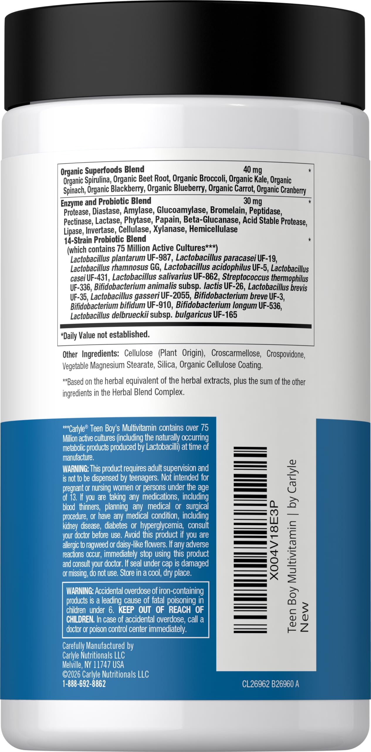 Carlyle Teen Multivitamin probiotiques et enzymes, soutien potentiel pour énergie et concentration.