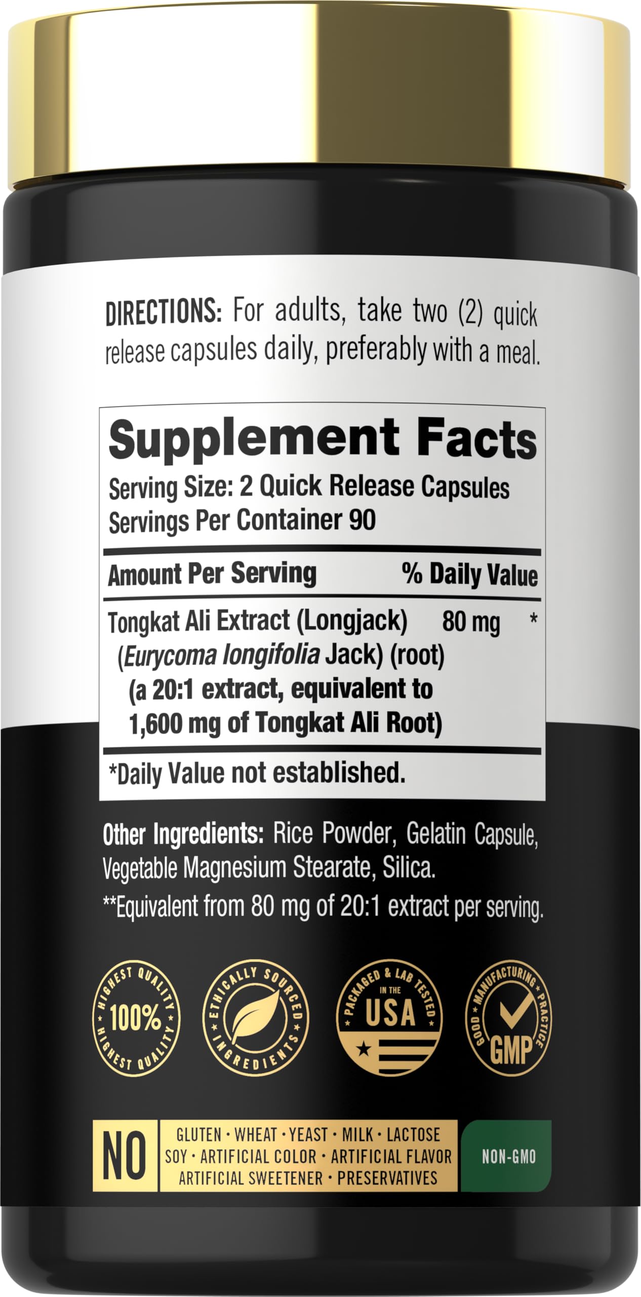 Carlyle Tongkat Ali, étiquette lisible, complément sans OGM et sans gluten.