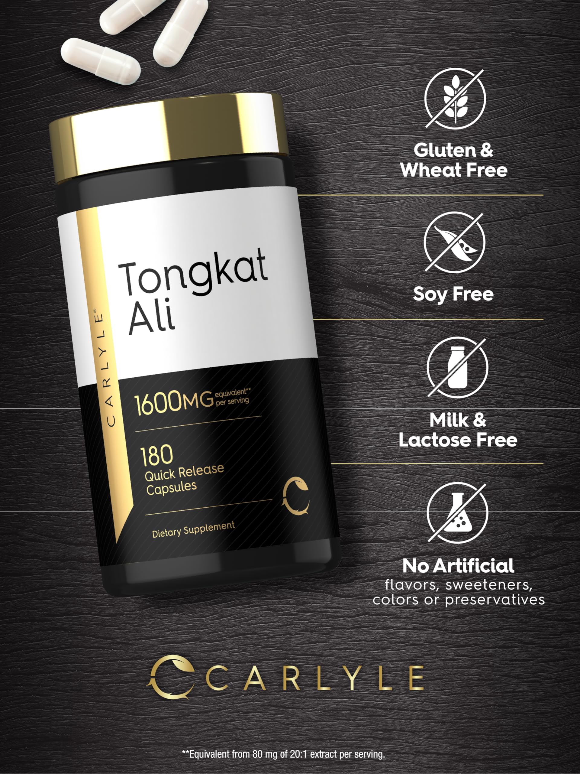 Carlyle Tongkat Ali, gros plan sur les capsules, composition naturelle.