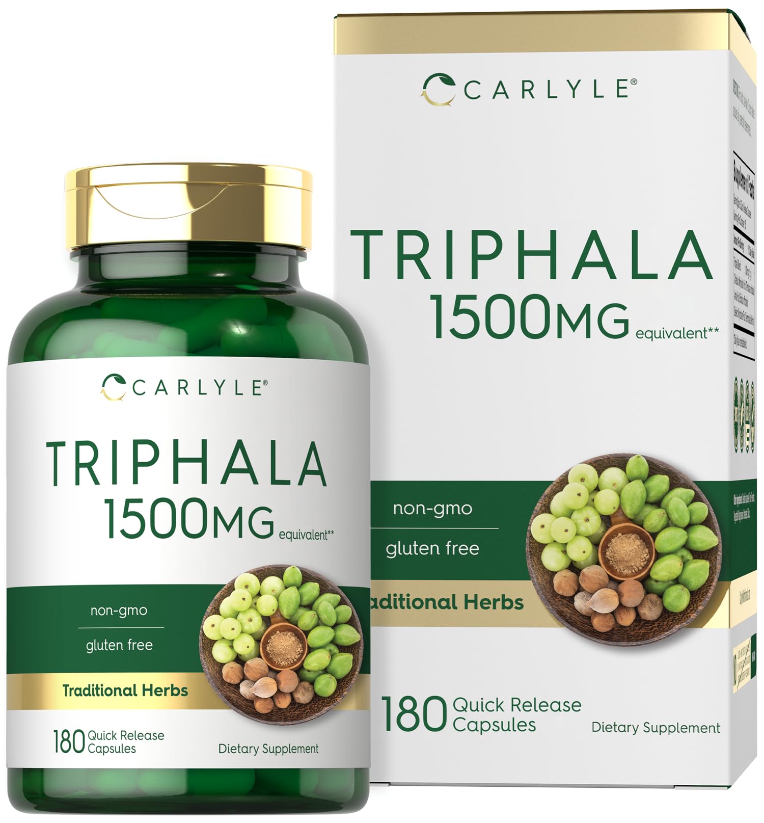 Carlyle Triphala emballage etiquette : présentation claire et naturelle pour votre routine bien-être.