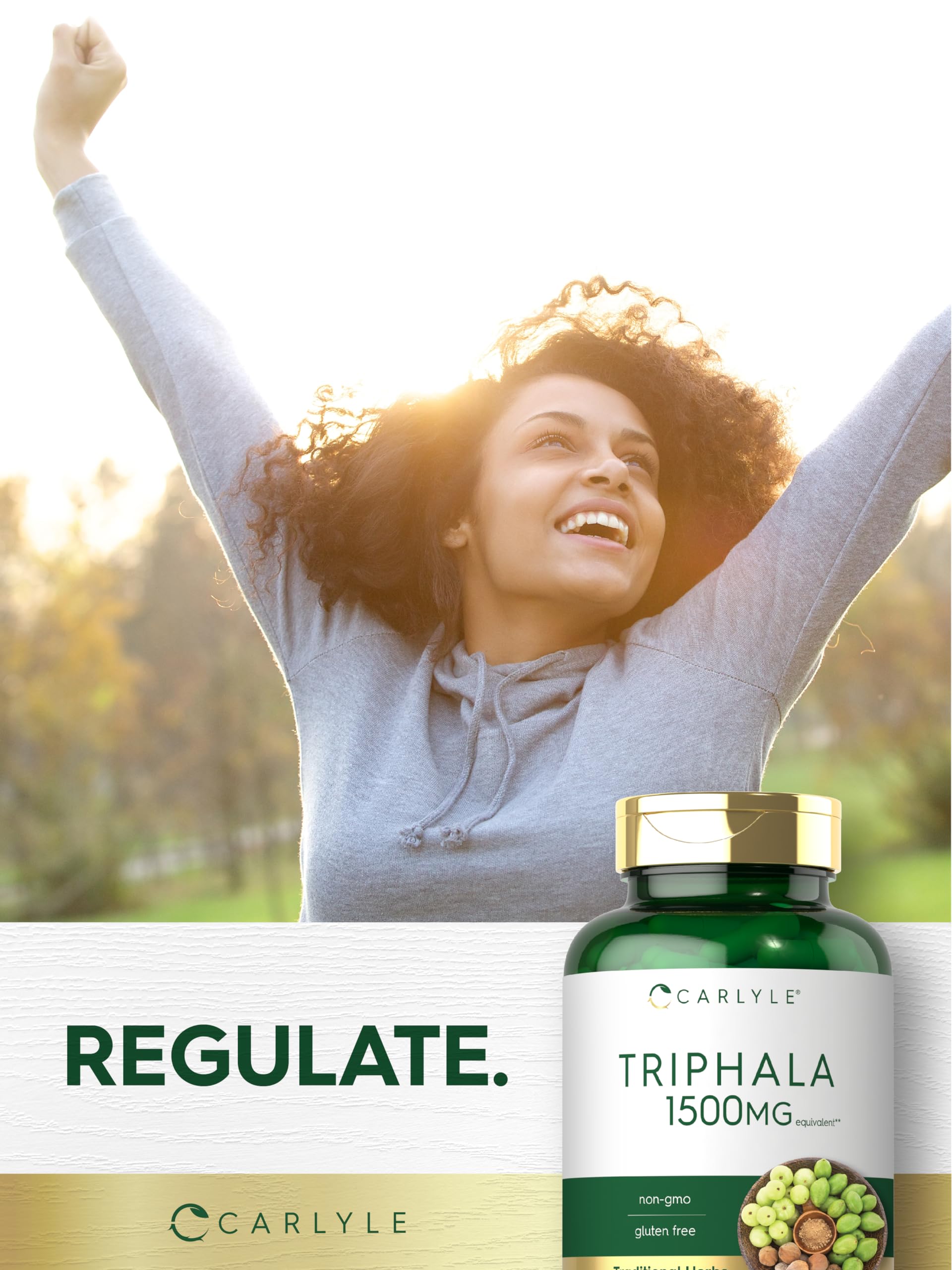 Carlyle Triphala etiquette sans gluten sans OGM : engagement qualité et pureté.