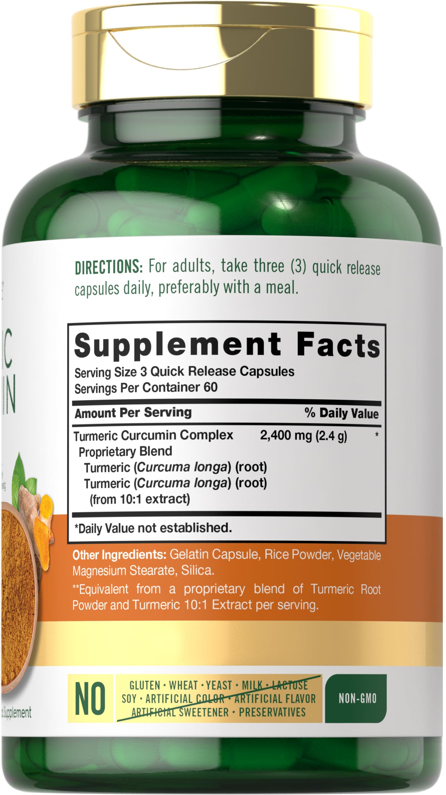 Carlyle Turmeric Curcumin : etiquette lisible montrant sans OGM et sans gluten.